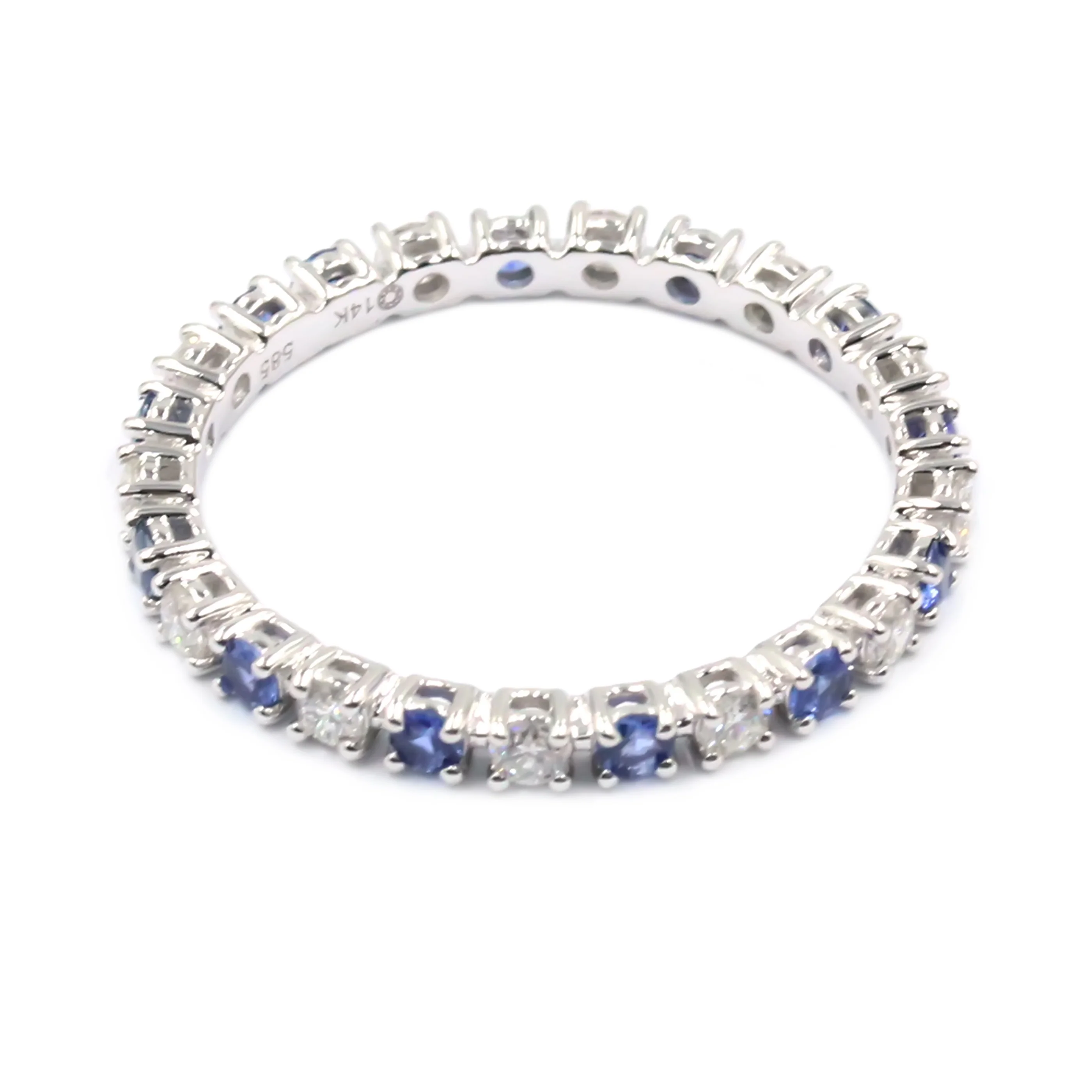Gilded Lane 14K Gold 2mm Round Ceylon Blue Sapphire & Diamond Eternity Band Ring - Image 4
