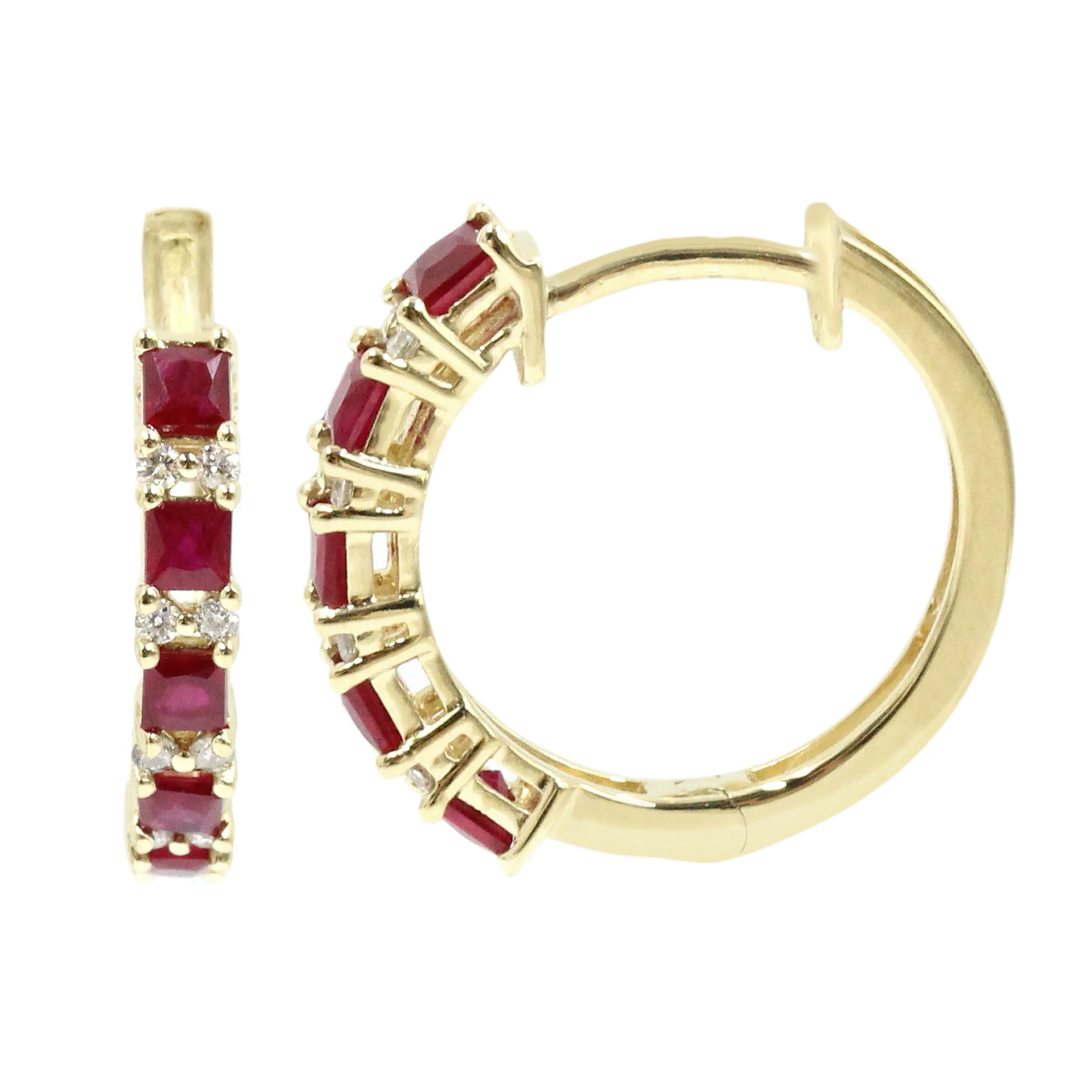 Gilded Lane 14K Gold 2mm Square-Cut Ruby & Diamond Alternating Hoop Earrings - Image 2