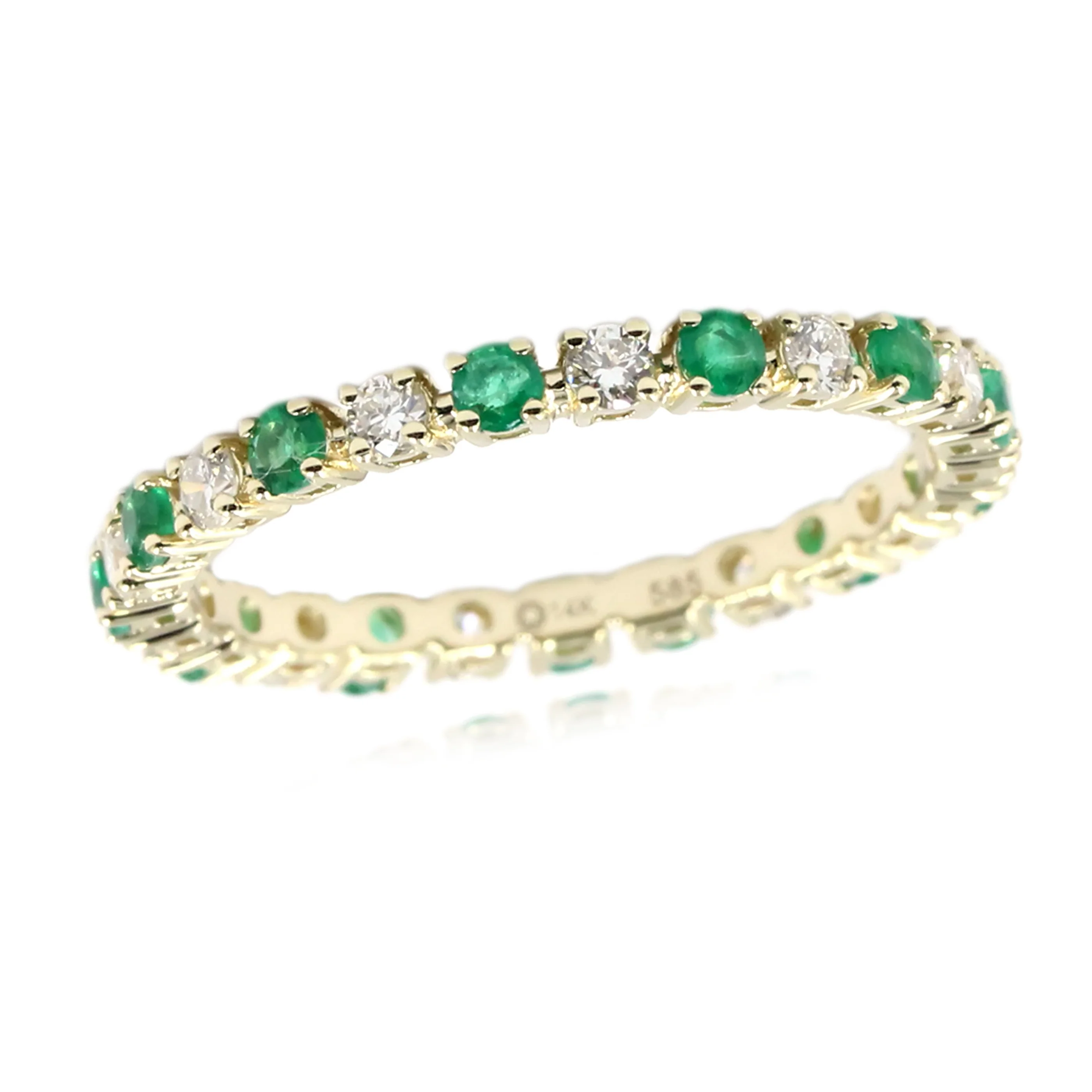 Gilded Lane 14K Gold 2mm Zambian Emerald & Diamond Eternity Band Ring - Image 2