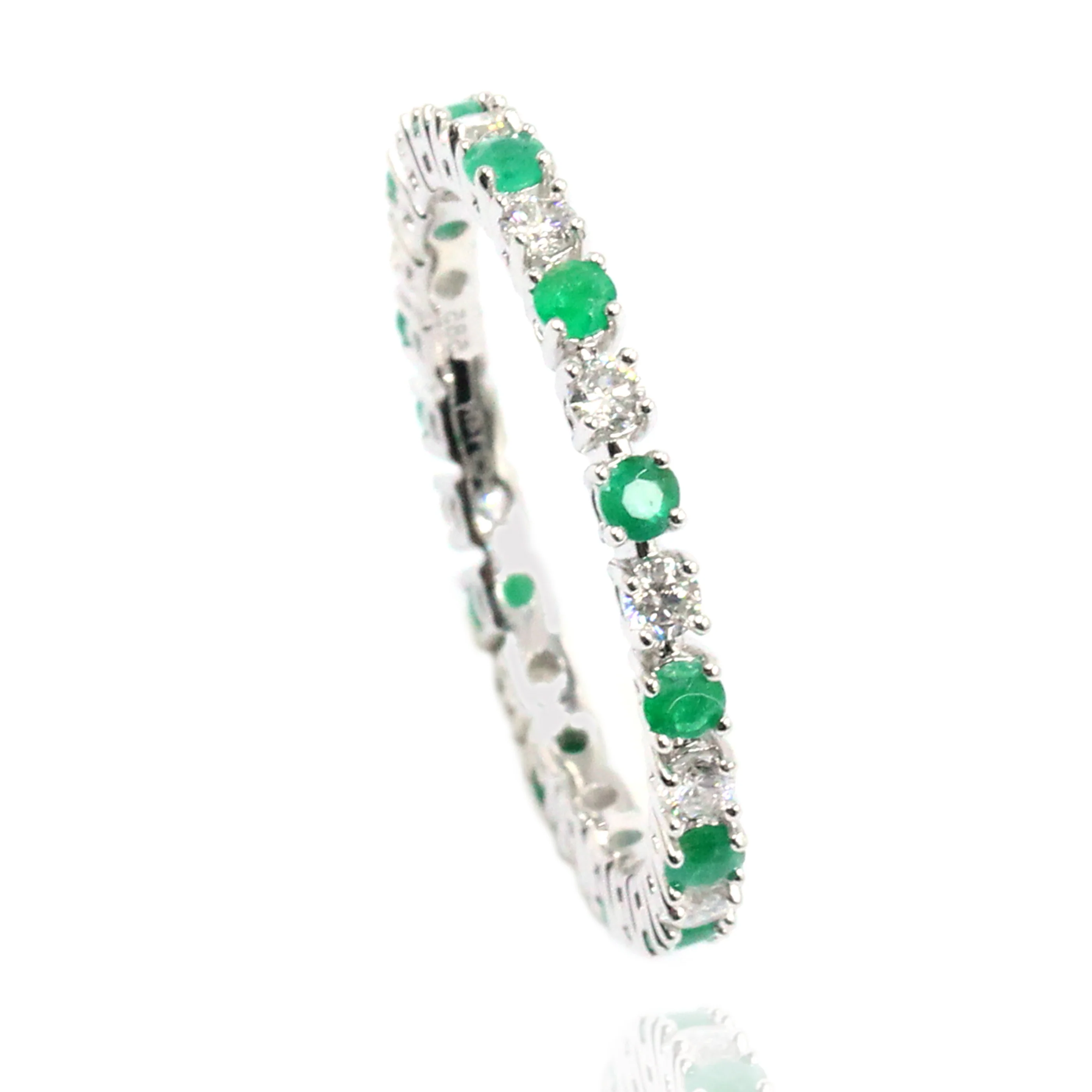 Gilded Lane 14K Gold 2mm Zambian Emerald & Diamond Eternity Band Ring - Image 4