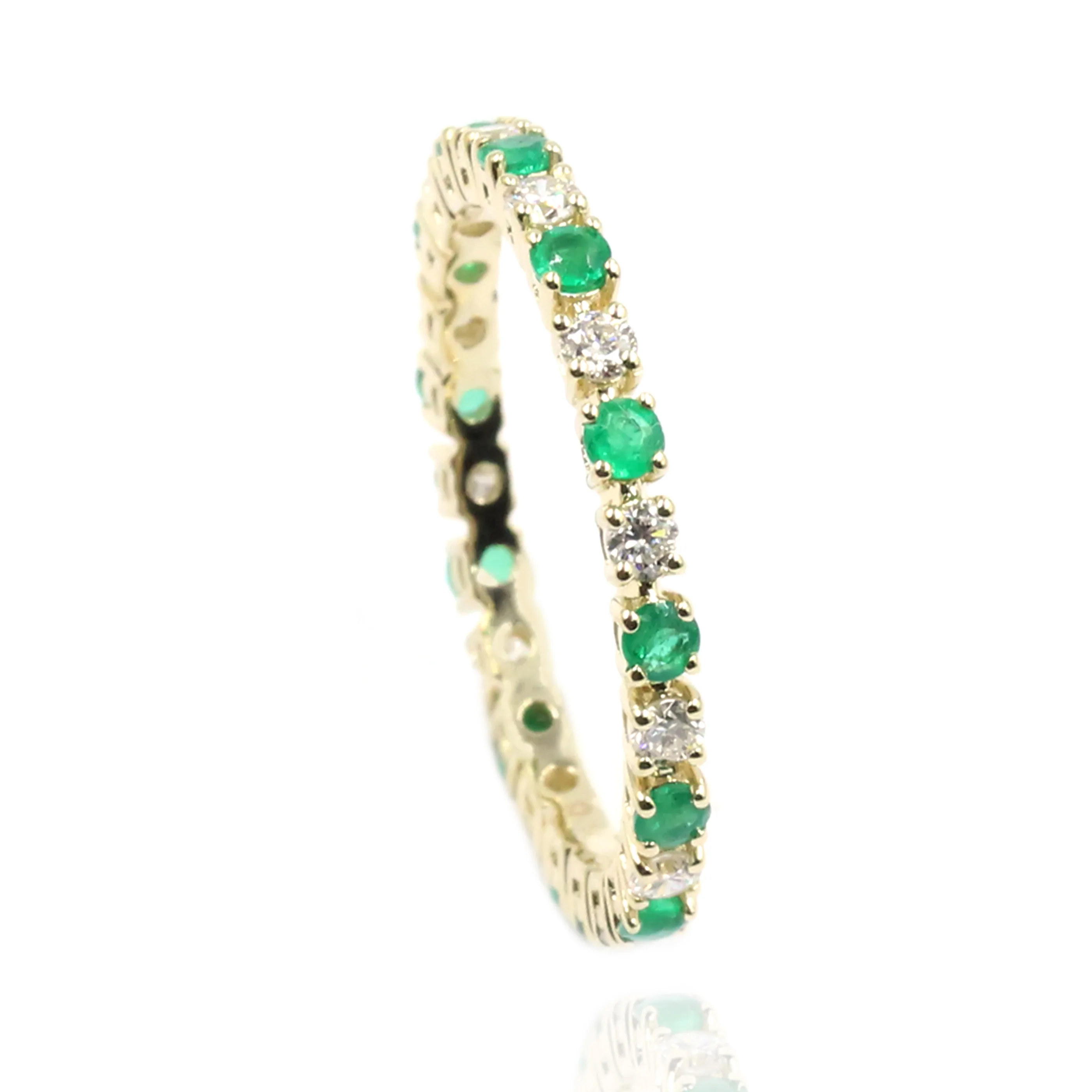 Gilded Lane 14K Gold 2mm Zambian Emerald & Diamond Eternity Band Ring - Image 6