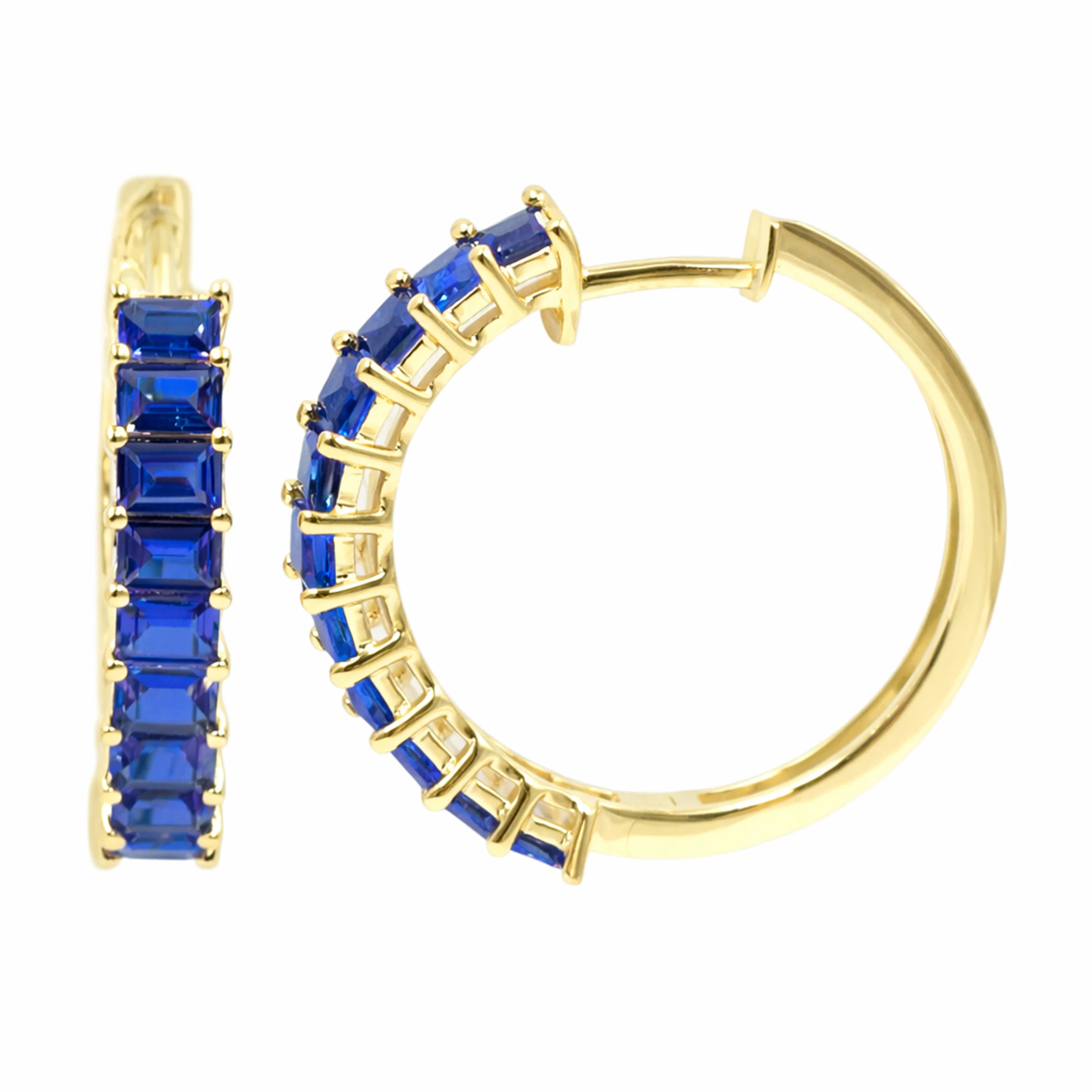 Gilded Lane 14K Gold 3x2mm Baguette Ceylon Blue Sapphire Hoop Earrings - Image 2