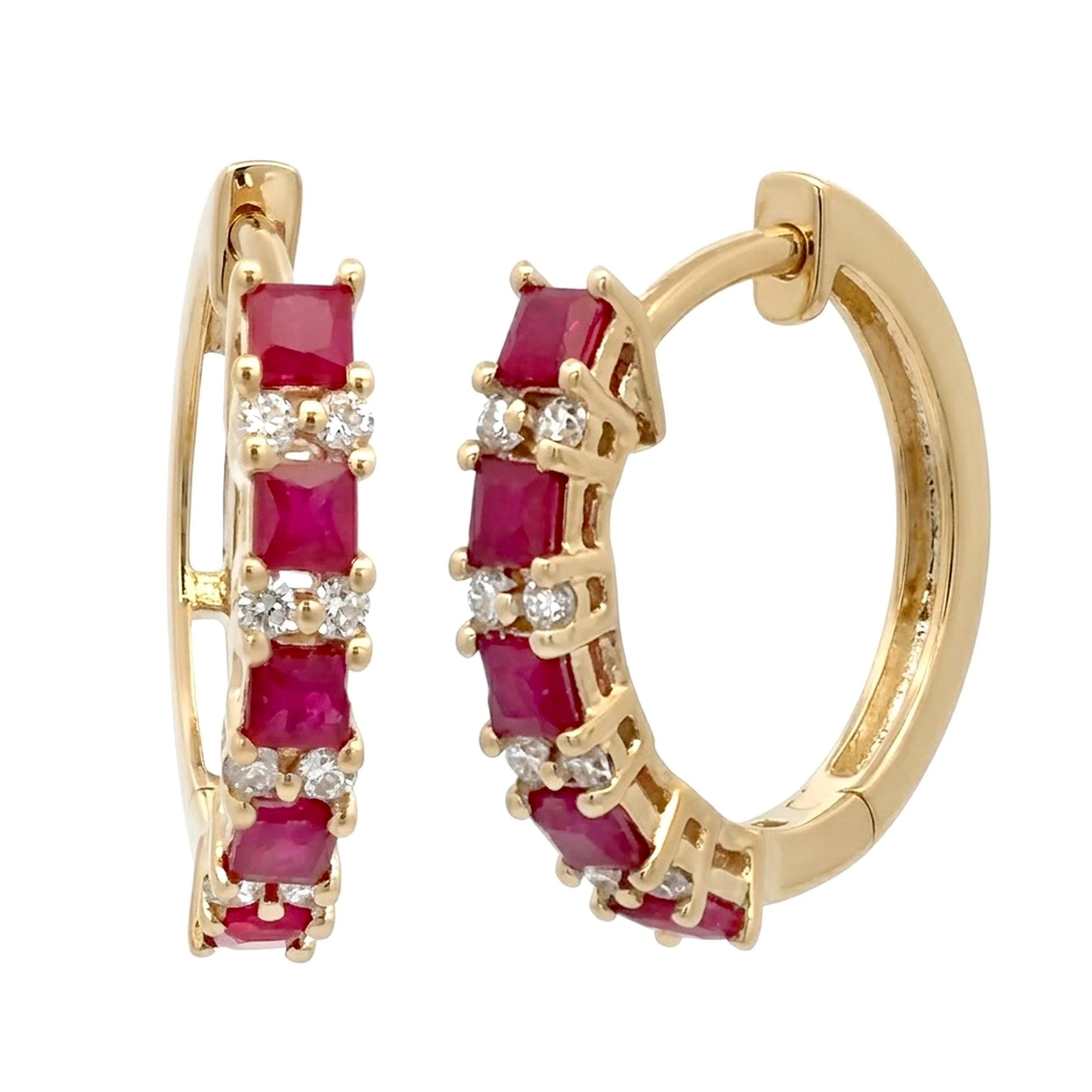 Gilded Lane 14K Gold Square Ruby & Diamond Alternating Hoop Earrings - Image 2