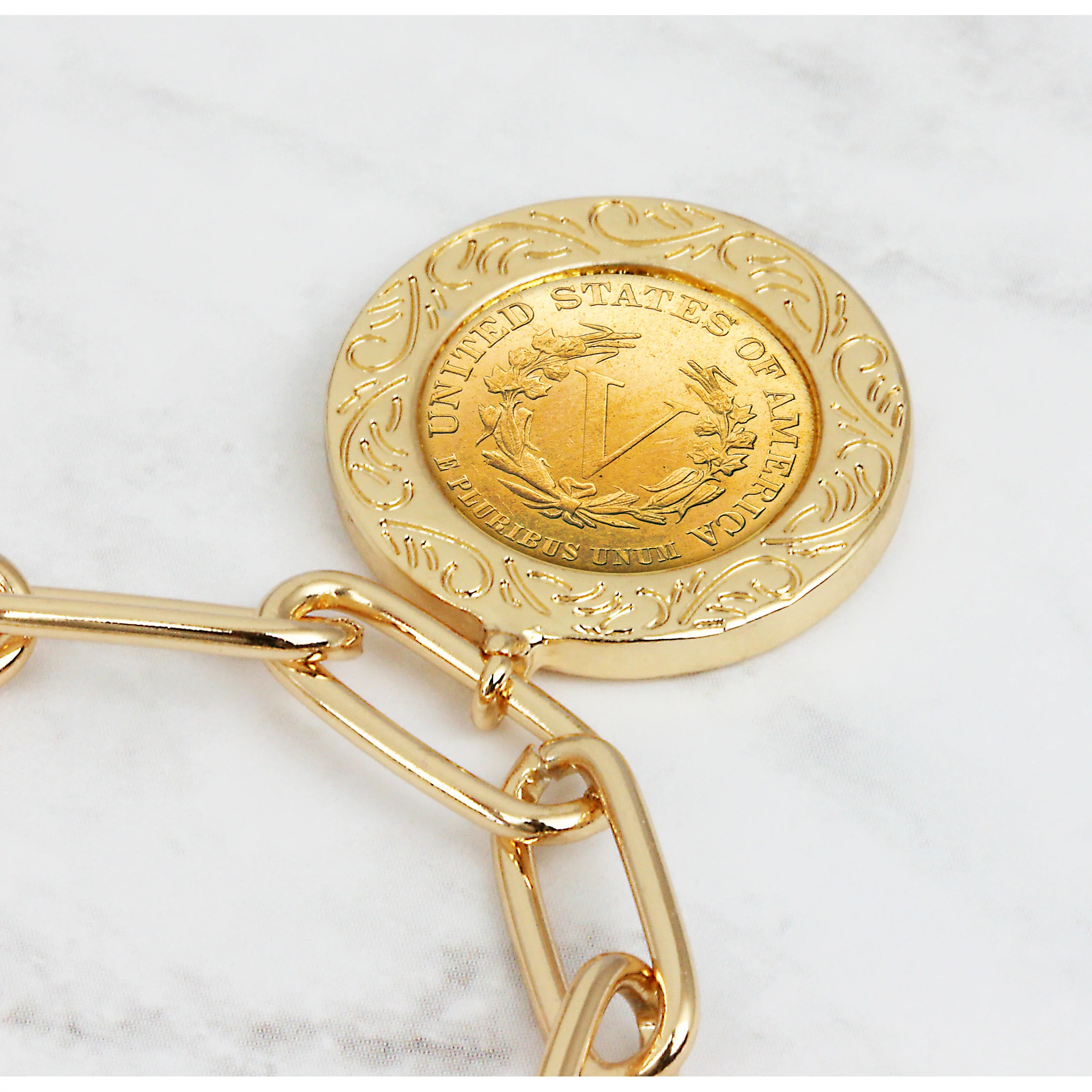 1883-1912 Minted Gold Layered Liberty Nickel Coin Gold-tone Elongated Link Bracelet - Image 2