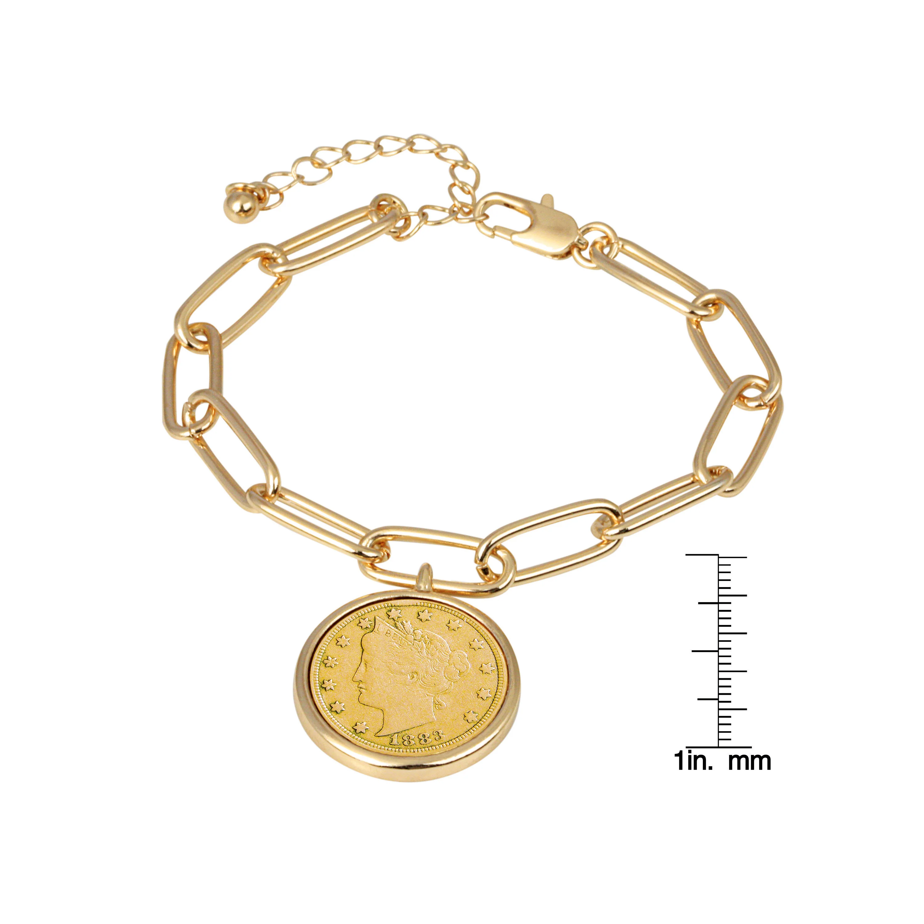 1883-1912 Minted Gold Layered Liberty Nickel Coin Gold-tone Elongated Link Bracelet - Image 4