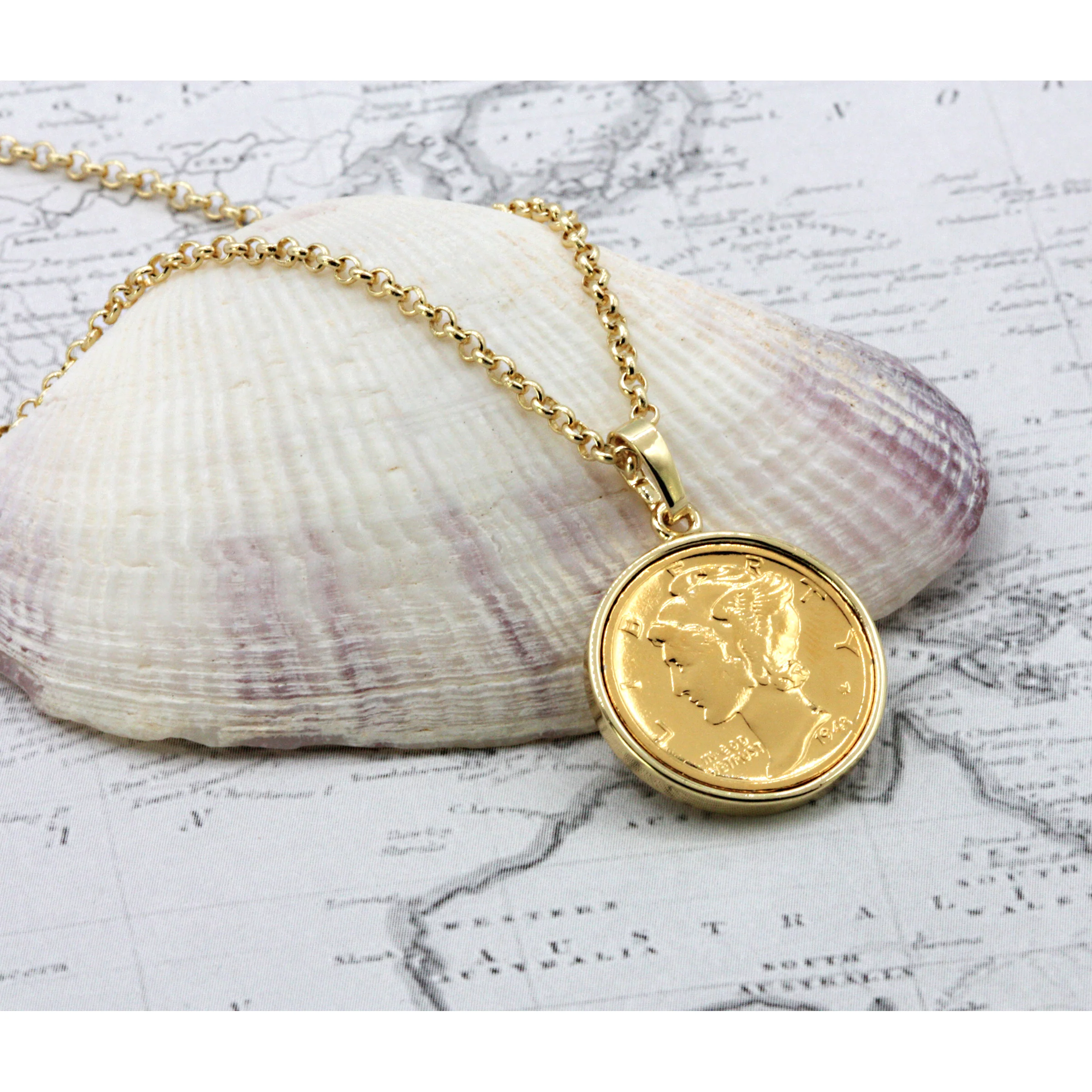 1916-1945 Gold-Layered Silver Mercury Dime Gold-tone Coin Pendant Necklace with 18" Chain - Image 5