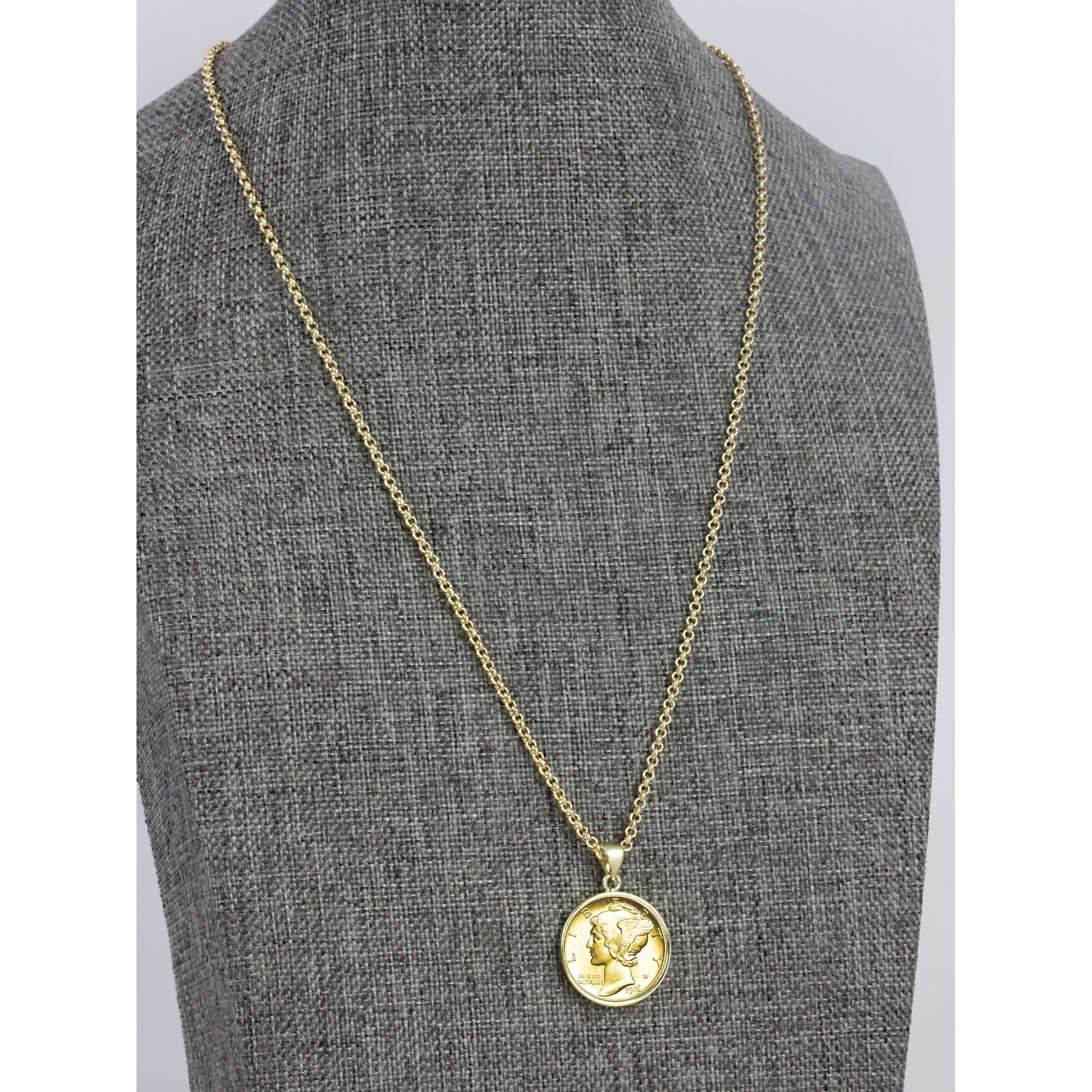 1916-1945 Gold-Layered Silver Mercury Dime Gold-tone Coin Pendant Necklace with 18" Chain - Image 6