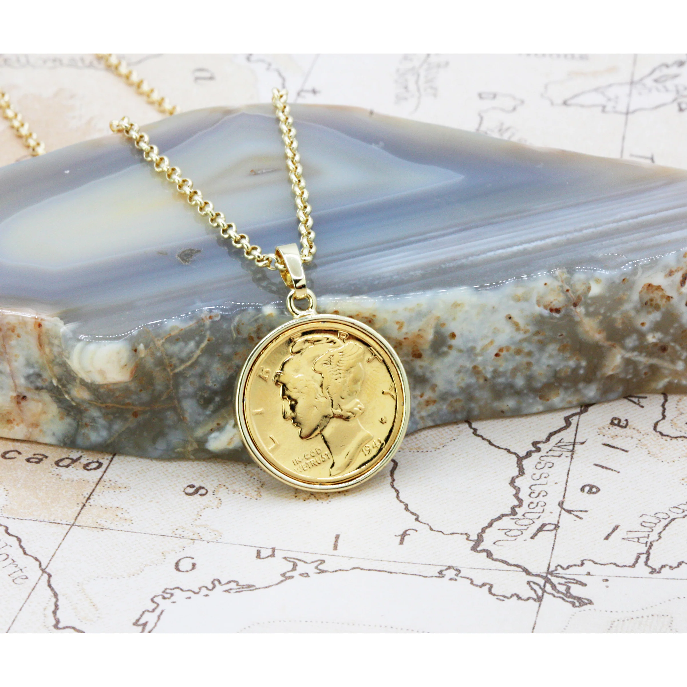 1916-1945 Gold-Layered Silver Mercury Dime Gold-tone Coin Pendant Necklace with 18" Chain - Image 7