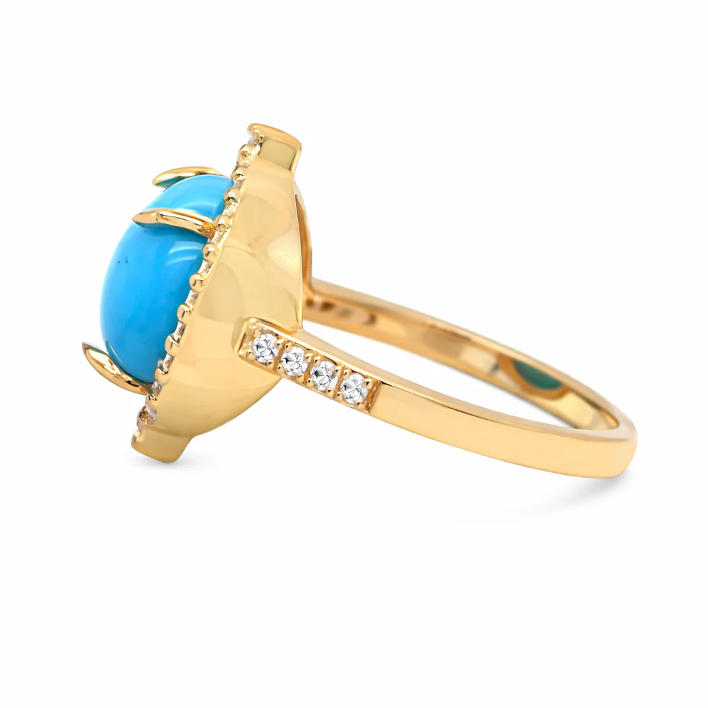 Gold Plated 12x10mm Sleeping Beauty Turq & White Zircon East-West Ring - Image 3