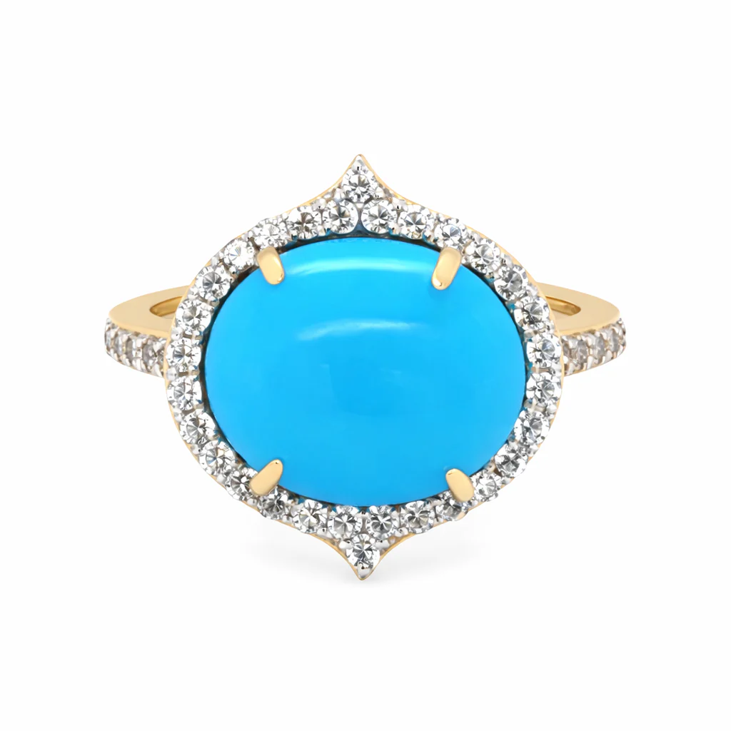 Gold Plated 12x10mm Sleeping Beauty Turq & White Zircon East-West Ring - Image 4