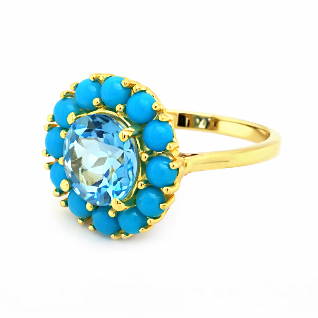 Gold Plated 9mm Swiss Blue Topaz & Sleeping Beauty Turq Halo Ring - Image 2