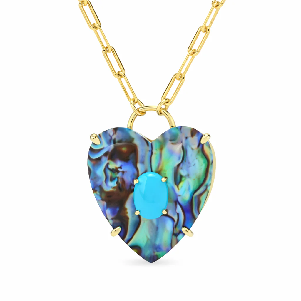 Gold Plated Heart-Shaped Abalone & Sleeping Beauty Turq Paperclip Necklace - Image 2