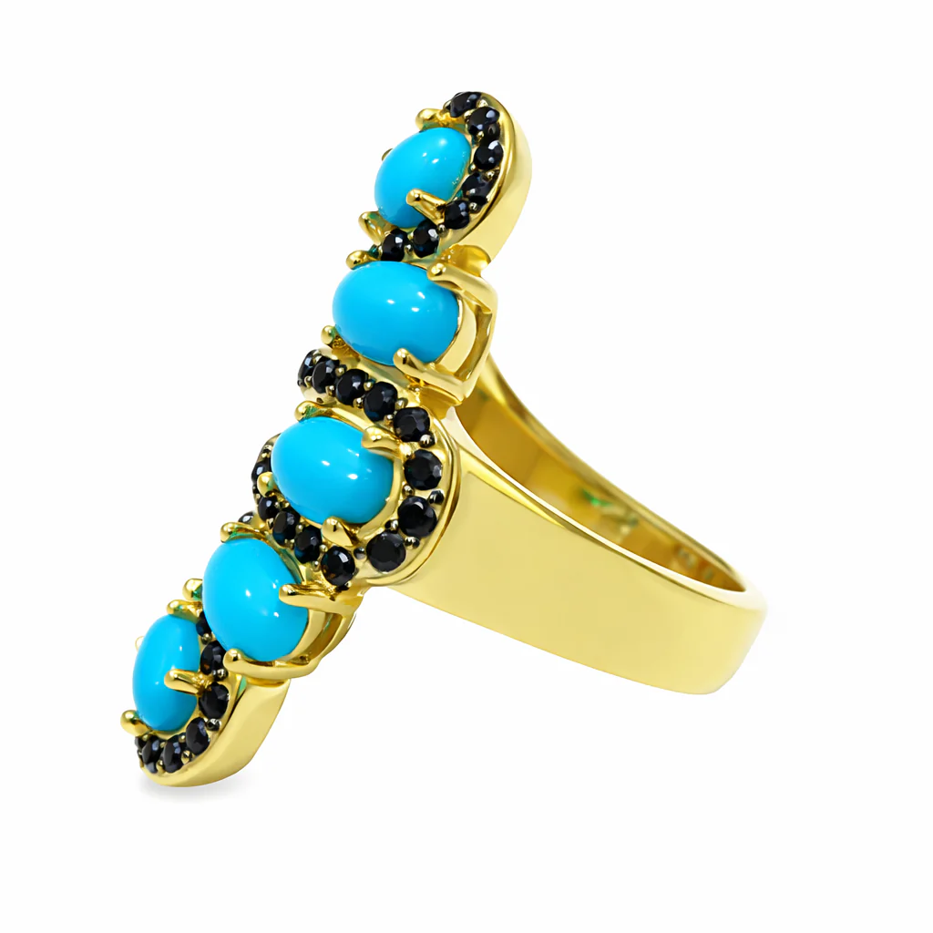 Gold Plated Sleeping Beauty Turq & Black Spinel Wrap Wave Ring - Image 2