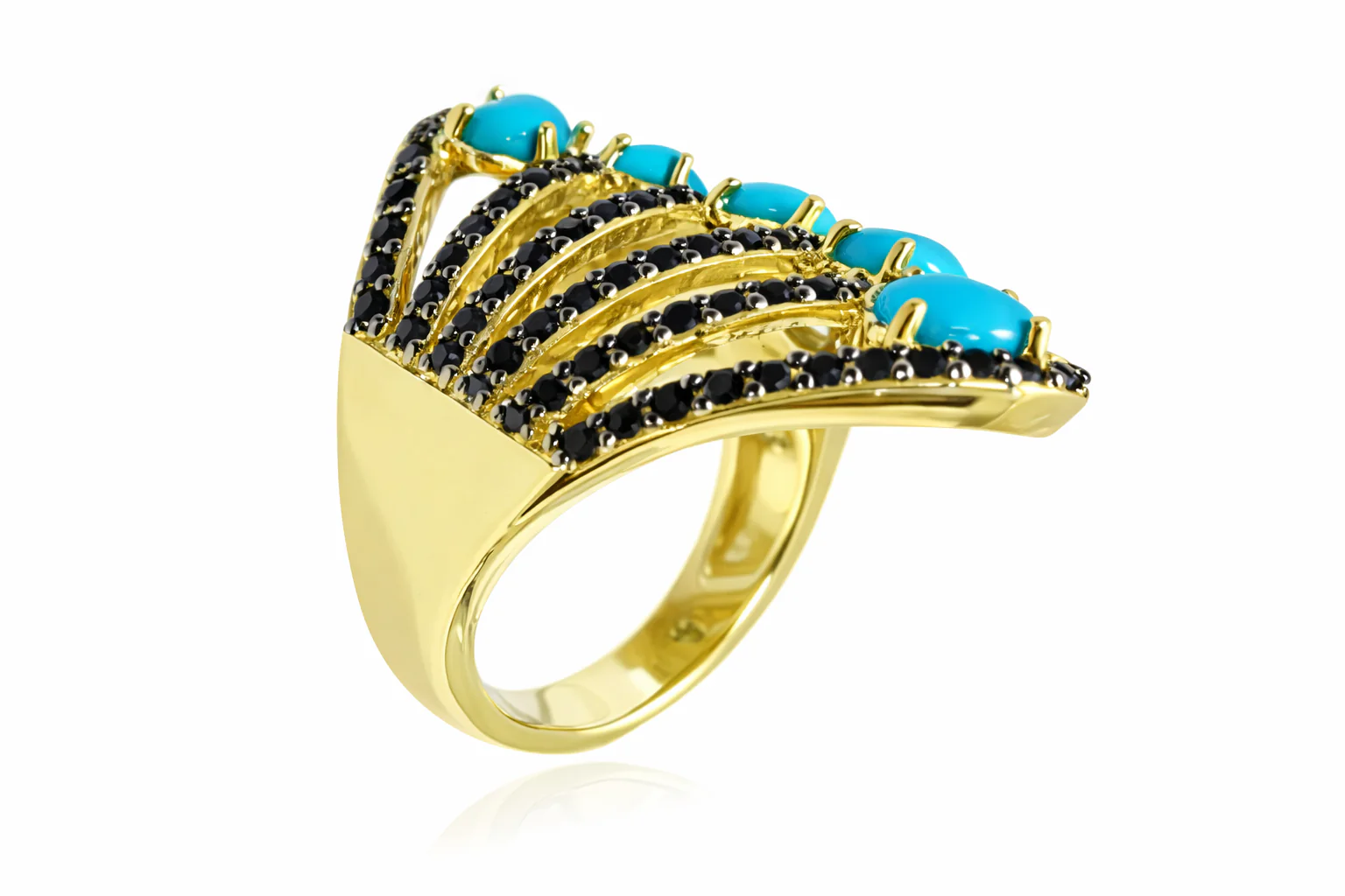 Gold Plated Sleeping Beauty Turq & Black Spinel Wrap Wave Ring - Image 3