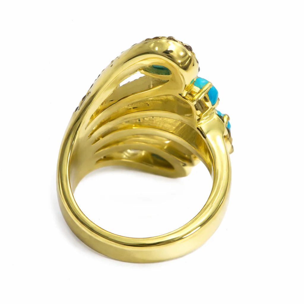 Gold Plated Sleeping Beauty Turq & Black Spinel Wrap Wave Ring - Image 4