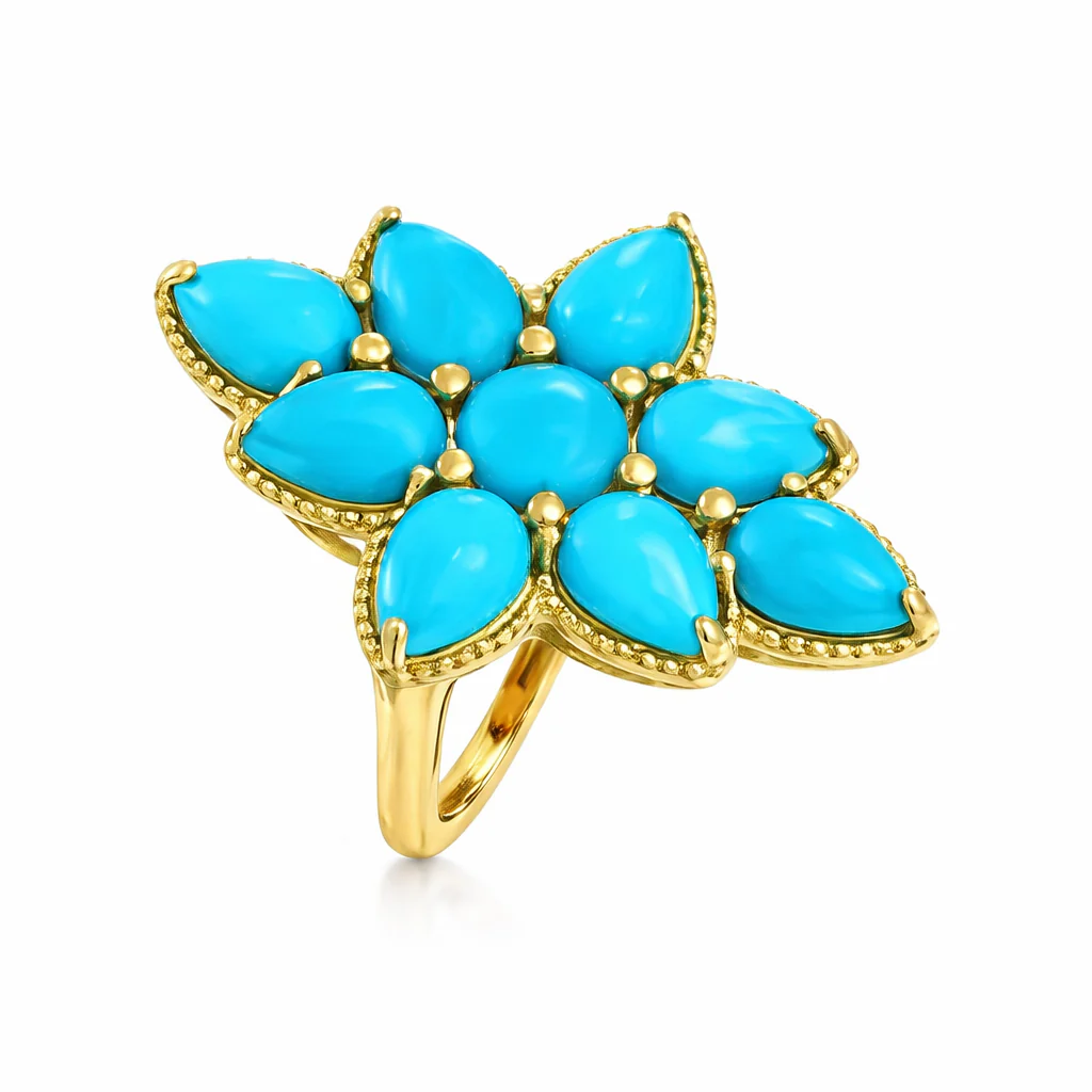 Gold Plated Sleeping Beauty Turquoise Elongated Flower Milgrain Ring - Image 2