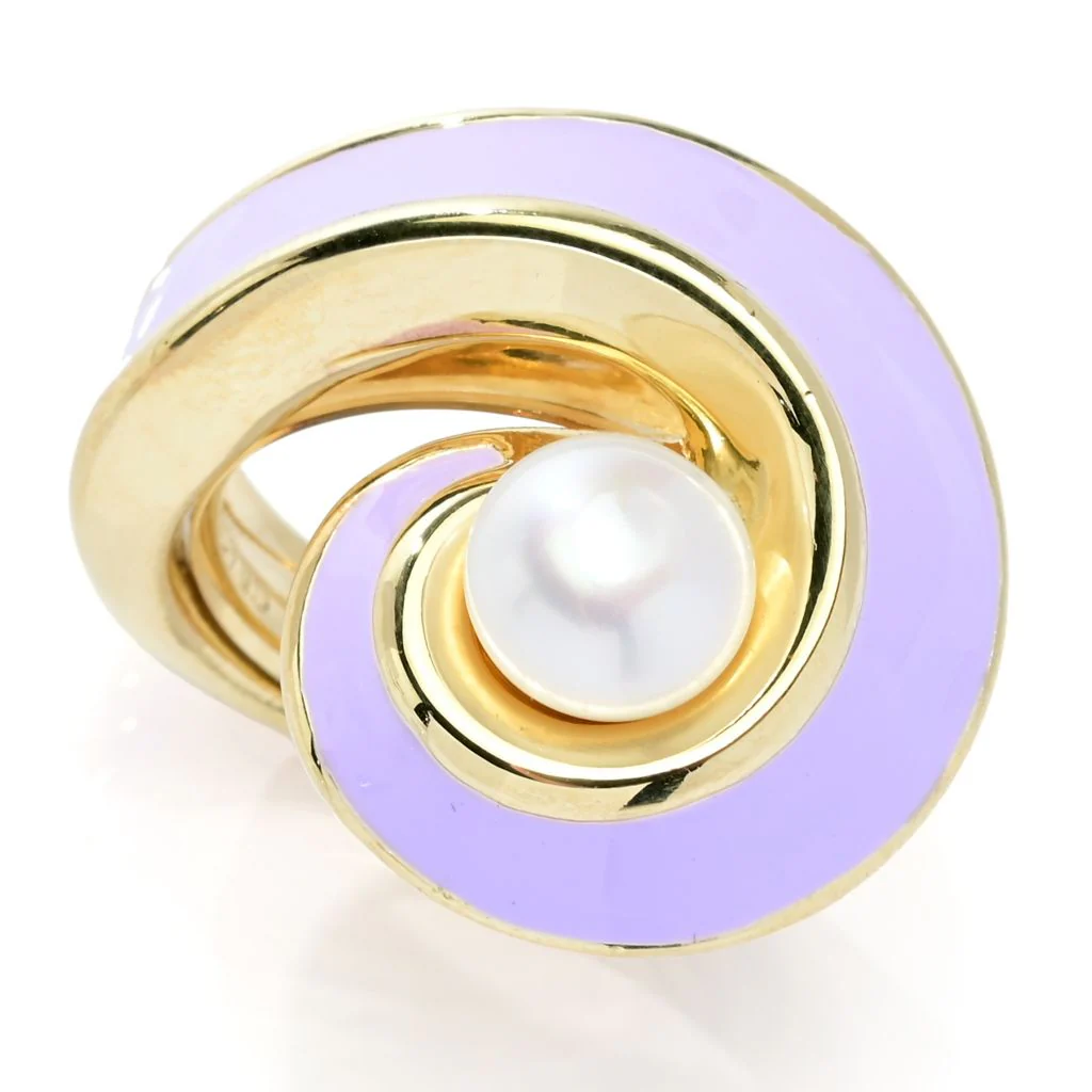 Graziella 23K Gold Plated 14mm Cultured Pearl & Enamel Wrap Ring - One Size (5-10) - Image 2