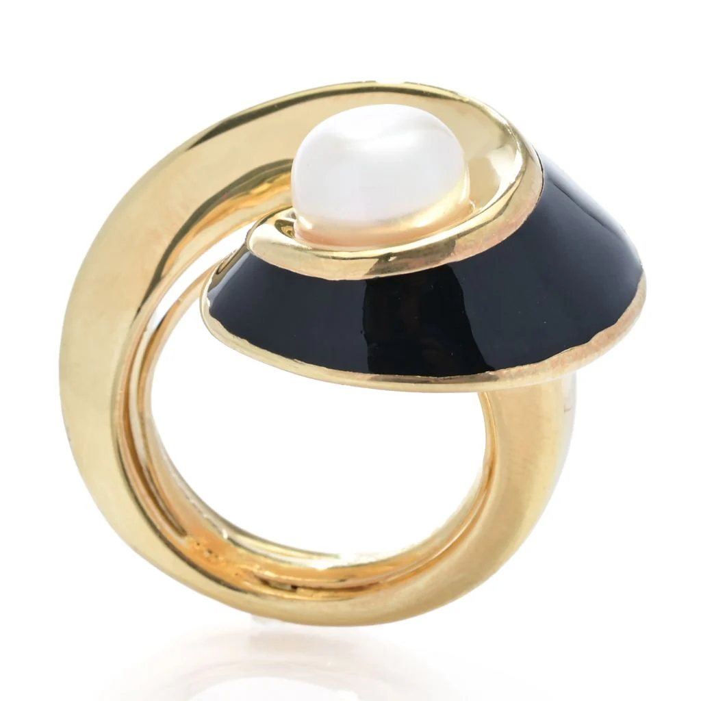 Graziella 23K Gold Plated 14mm Cultured Pearl & Enamel Wrap Ring - One Size (5-10) - Image 3