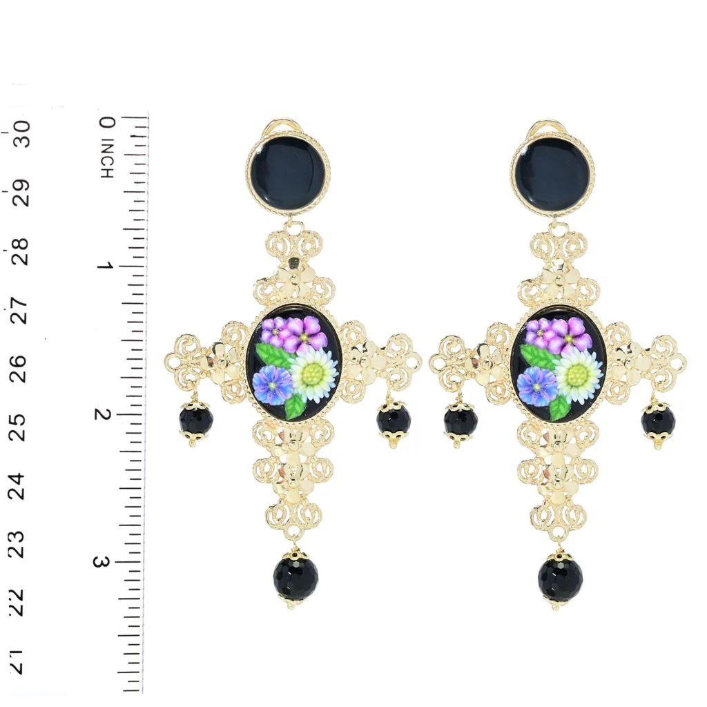 Graziella 23K Gold Plated Carved Resin & Black Onyx Cross Earrings - Image 2