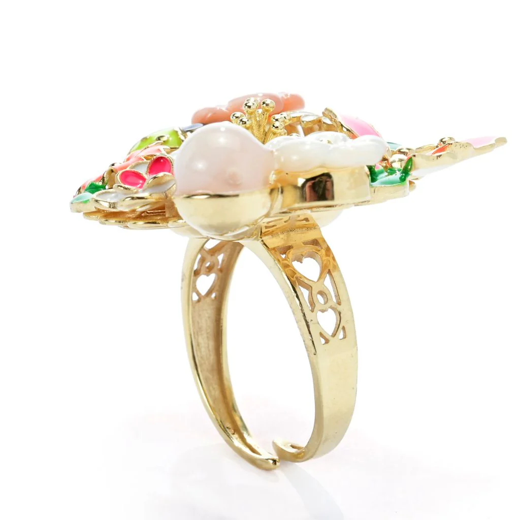 Graziella 23K Gold Plated Enamel & Mother-of-Pearl Floral Ring - One Size (5-10) - Image 2