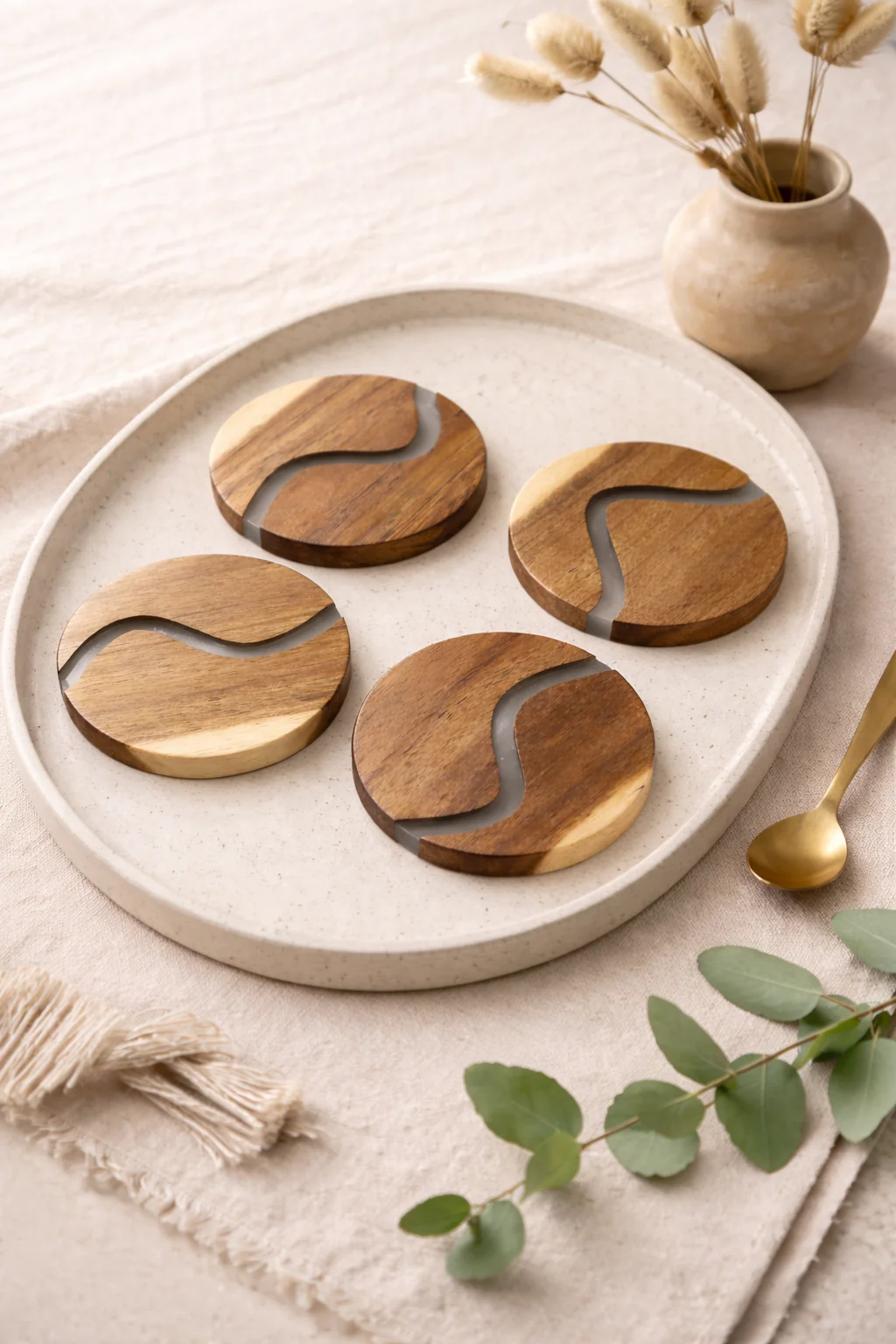 Busa Designs Ibiza Teak Wood & Resin 4-Piece Coaster Set - Image 2