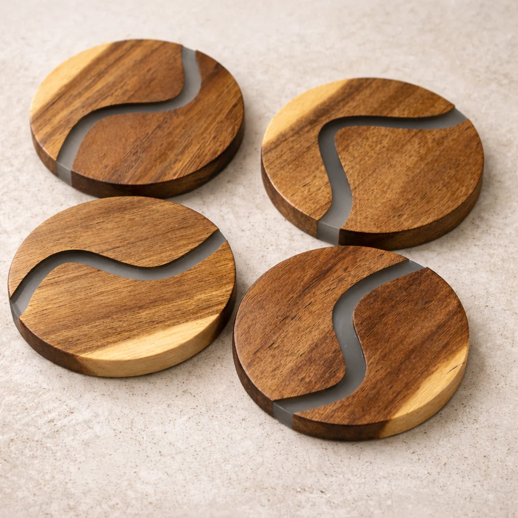 Busa Designs Ibiza Teak Wood & Resin 4-Piece Coaster Set - Image 3