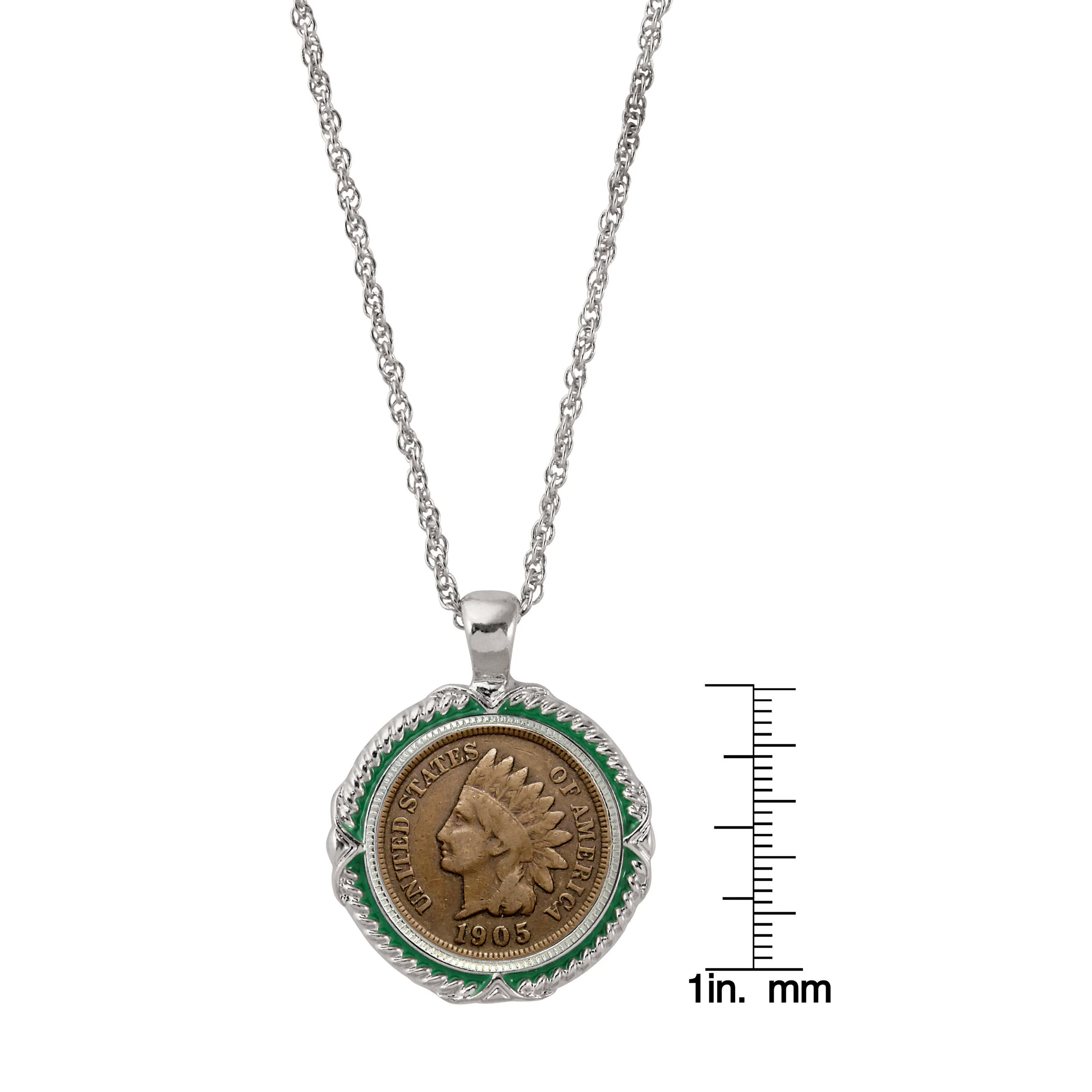 1859-1909 Indian Head Penny Green Enamel Coin Pendant Necklace - Image 3