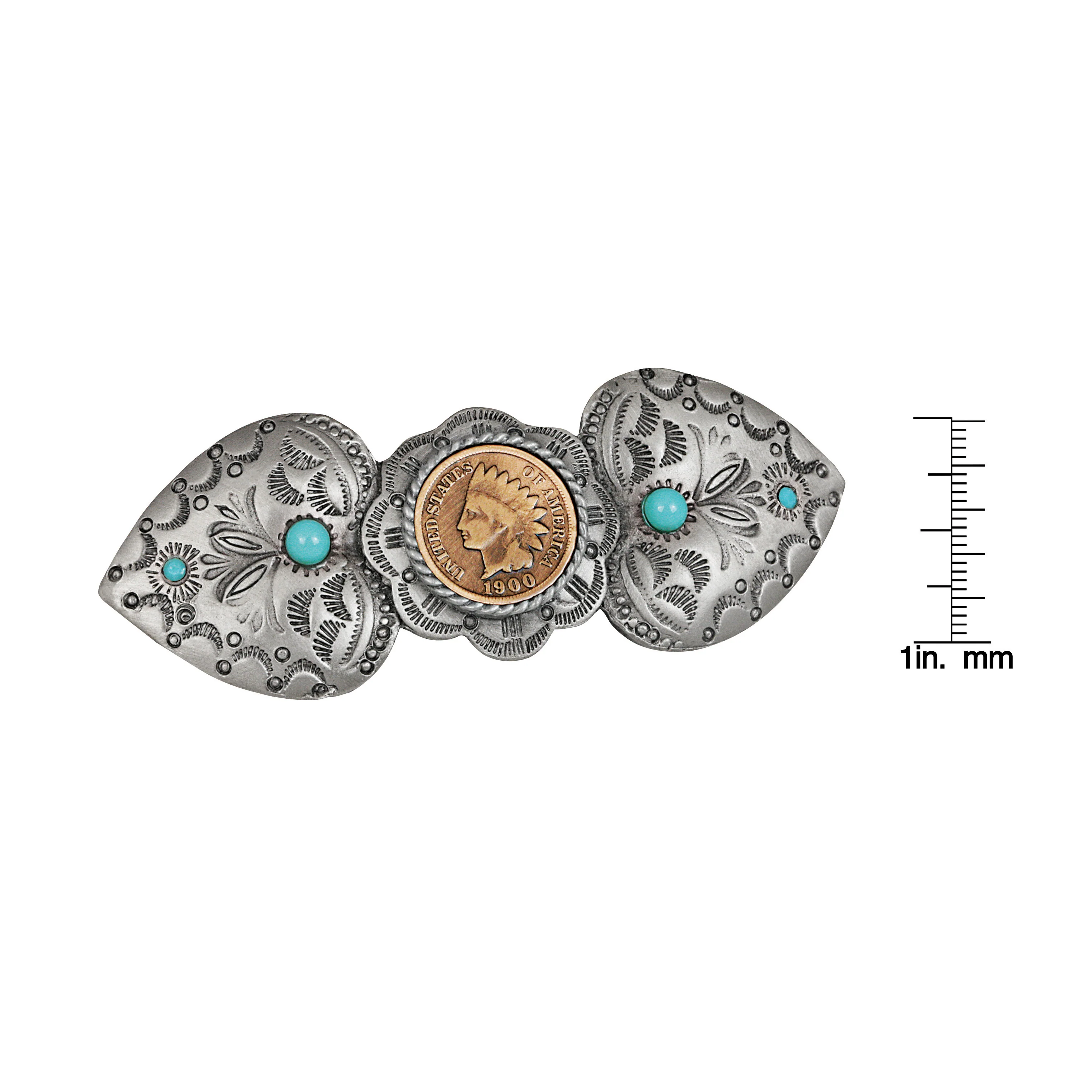Indian Head Penny Pewter Turquoise Color Glass Western Hair Barrette - Image 3