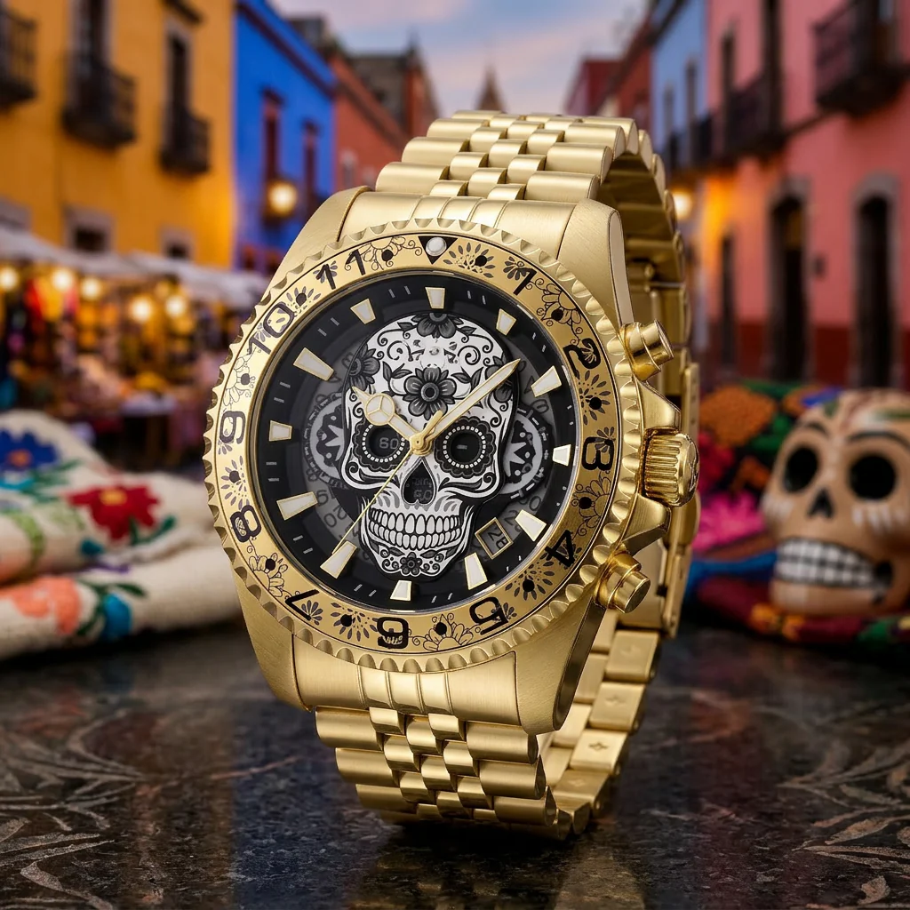 Invicta Men's 43mm Pro Diver Quartz Chrono Dia de los Muertos Skull Bracelet Watch - Image 4