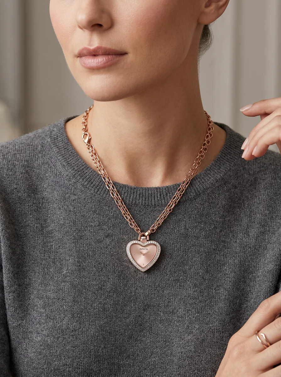 Invicta Women's 27mm Angel Quartz Crystal Halo Heart-Shaped Mini Watch Necklace - Image 4