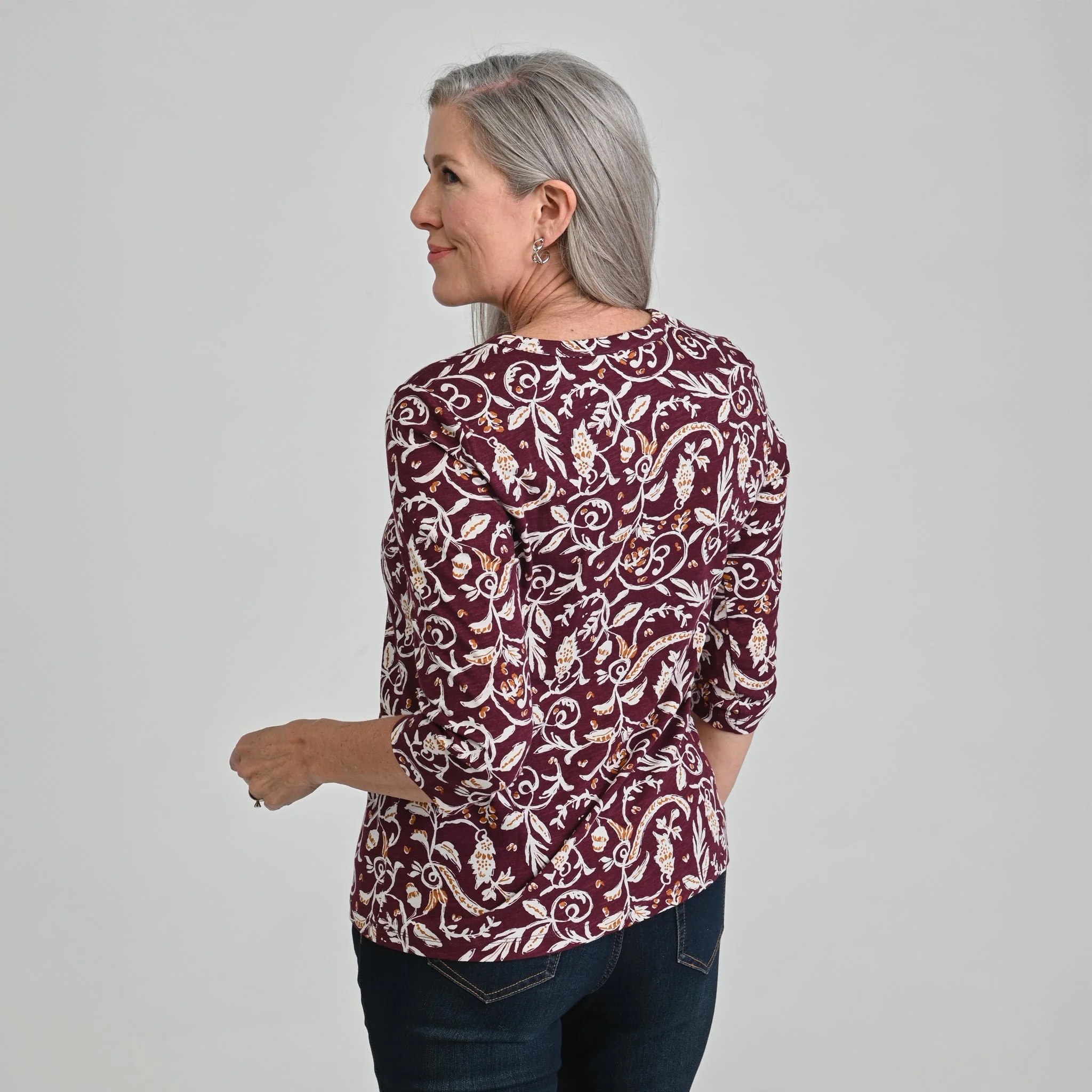 Christopher & Banks Leaf Print Notch Neck 3/4 Sleeve Tee - Image 2