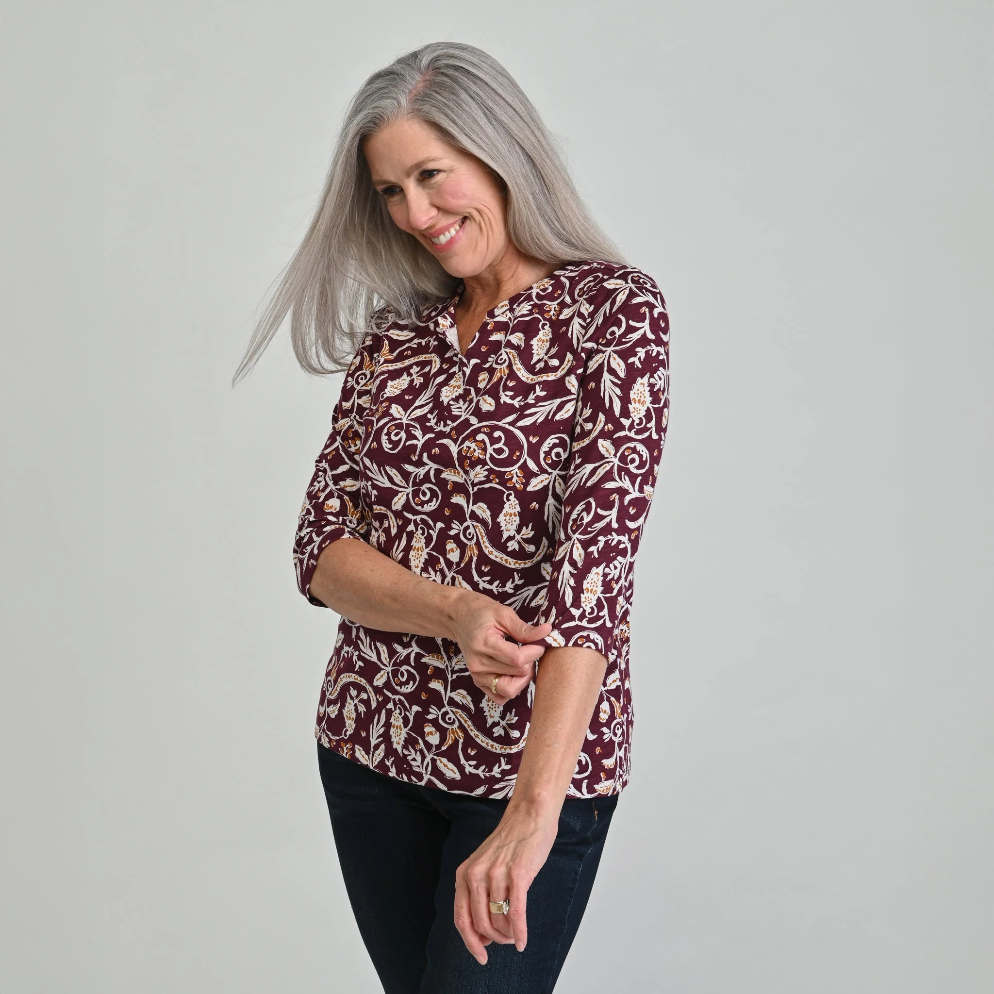 Christopher & Banks Leaf Print Notch Neck 3/4 Sleeve Tee - Image 3