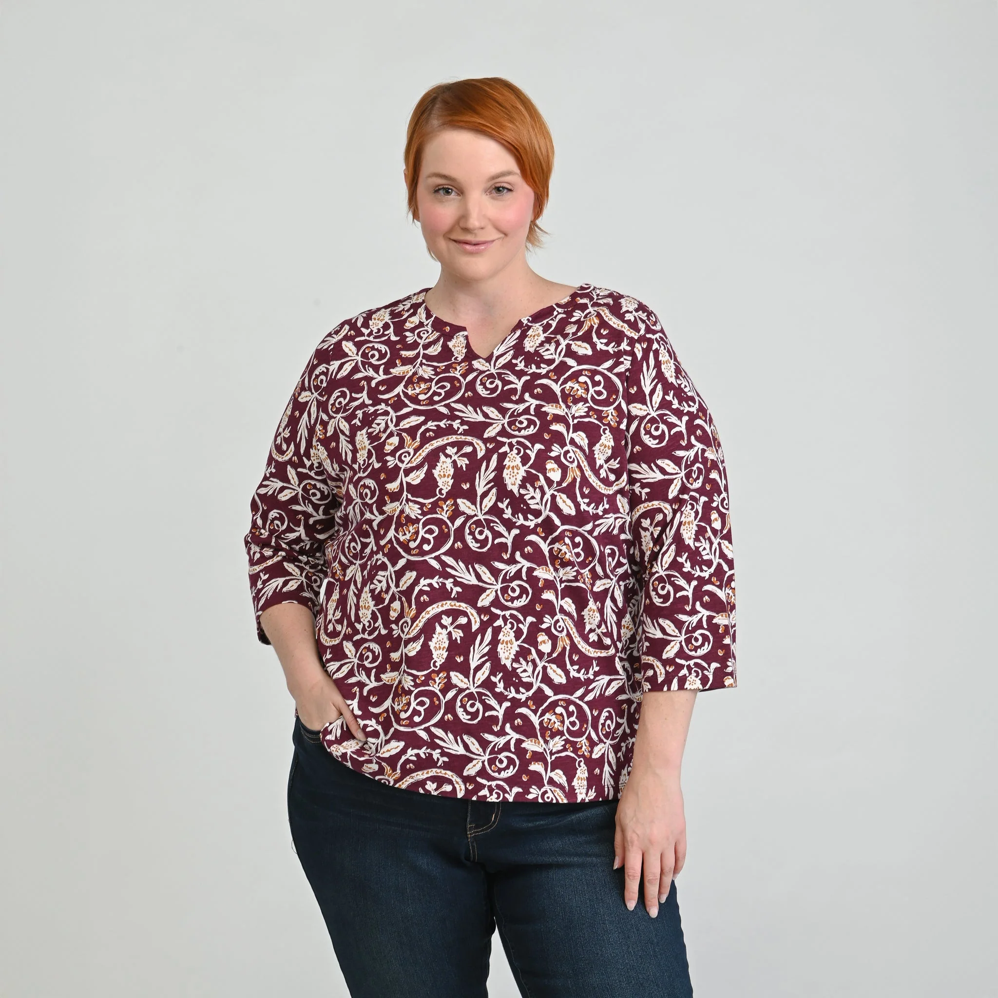 Christopher & Banks Leaf Print Notch Neck 3/4 Sleeve Tee - Image 4