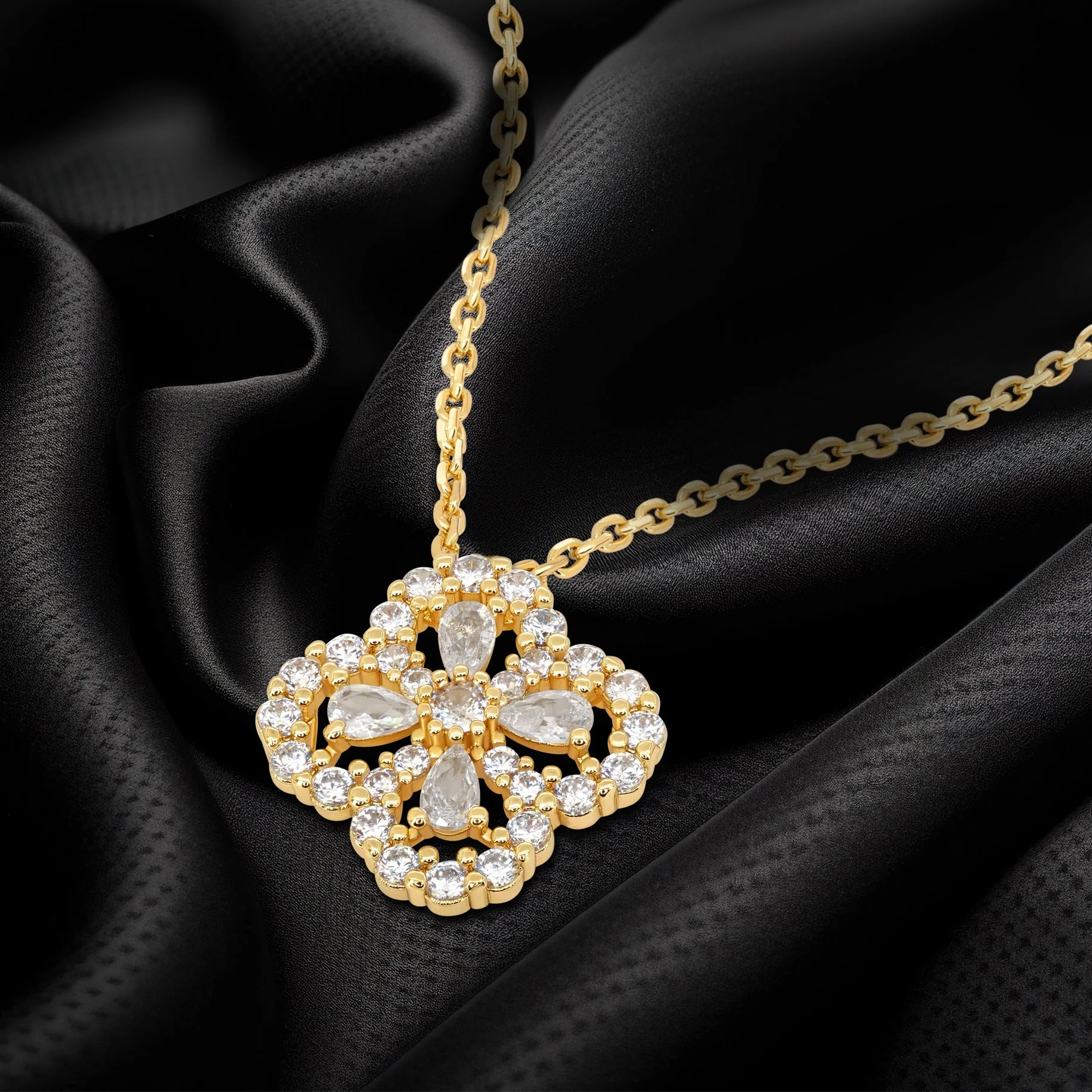 TRYNDI 18K Gold or Rhodium Plated Luxe Clover Swarovski Crystal Necklace - Image 4