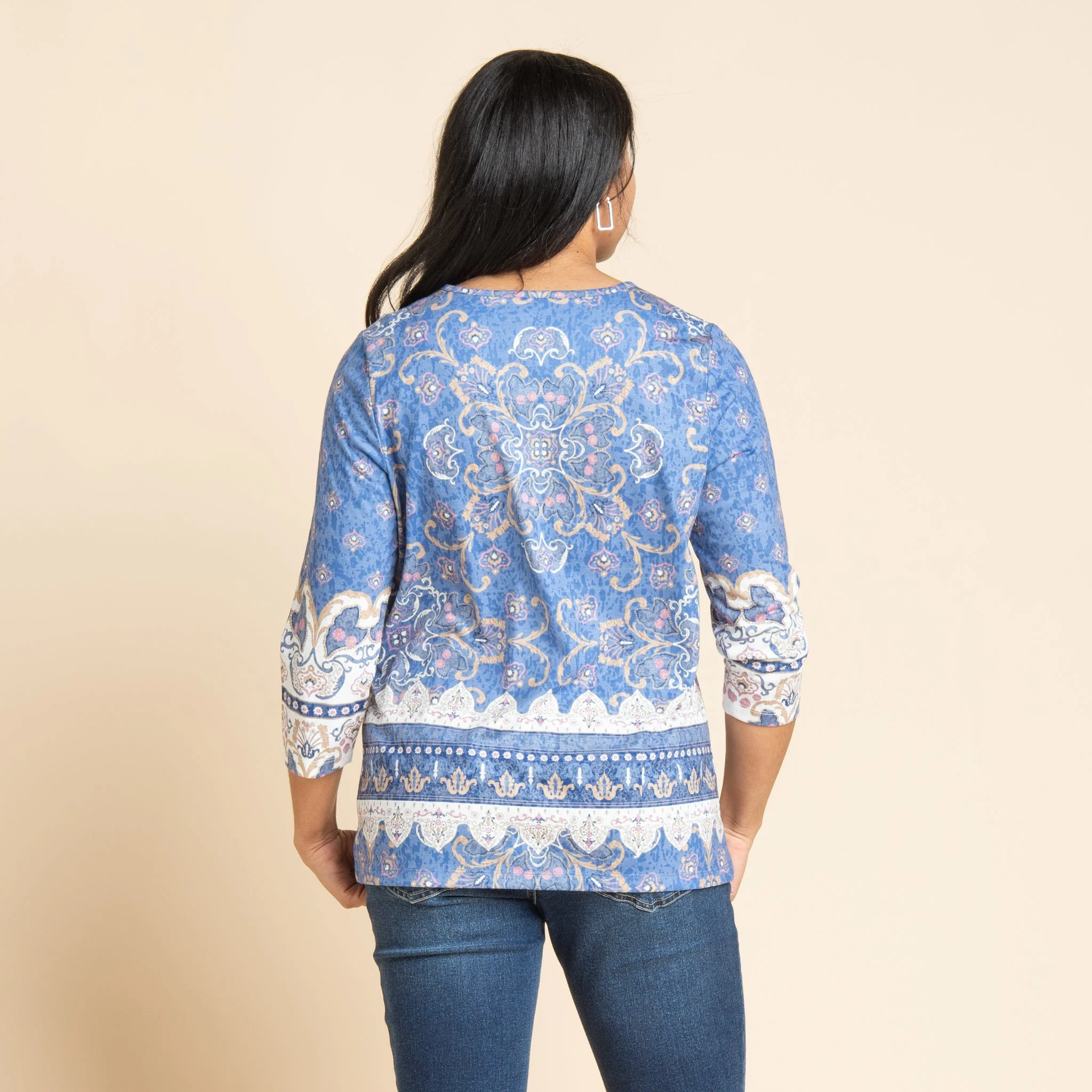 Christopher & Banks Medallion Border Print 3/4 Sleeve Burnout Tee - Image 3
