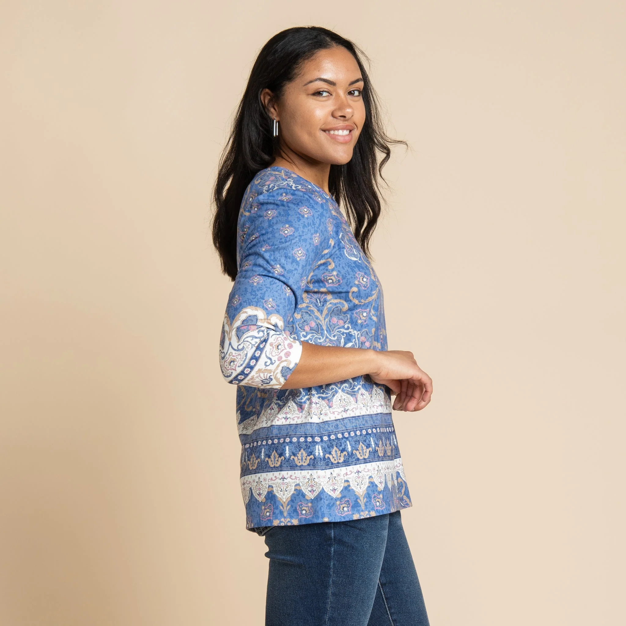 Christopher & Banks Medallion Border Print 3/4 Sleeve Burnout Tee - Image 4