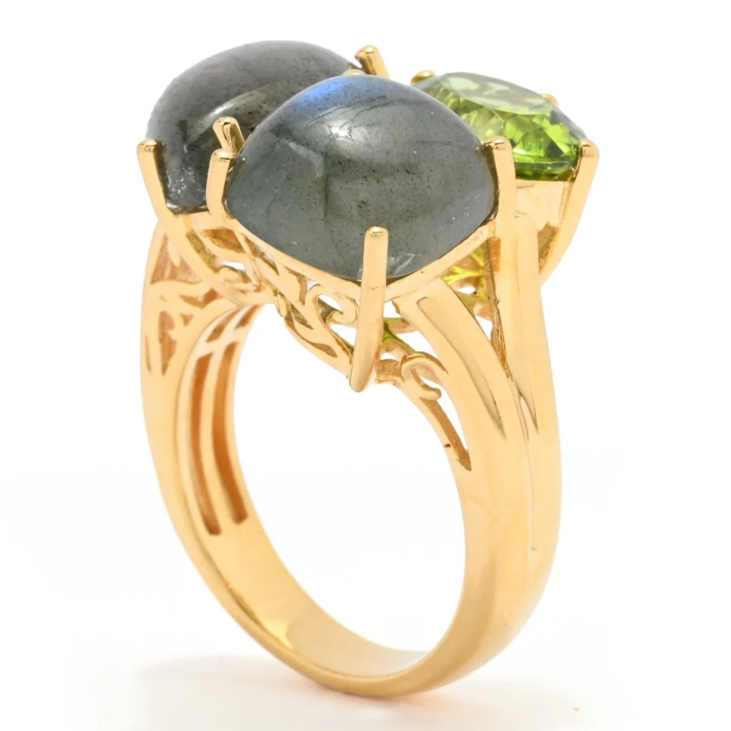 18K Vermeil Labradorite & Peridot Multi Shape 3-Stone Cluster Ring - Image 2