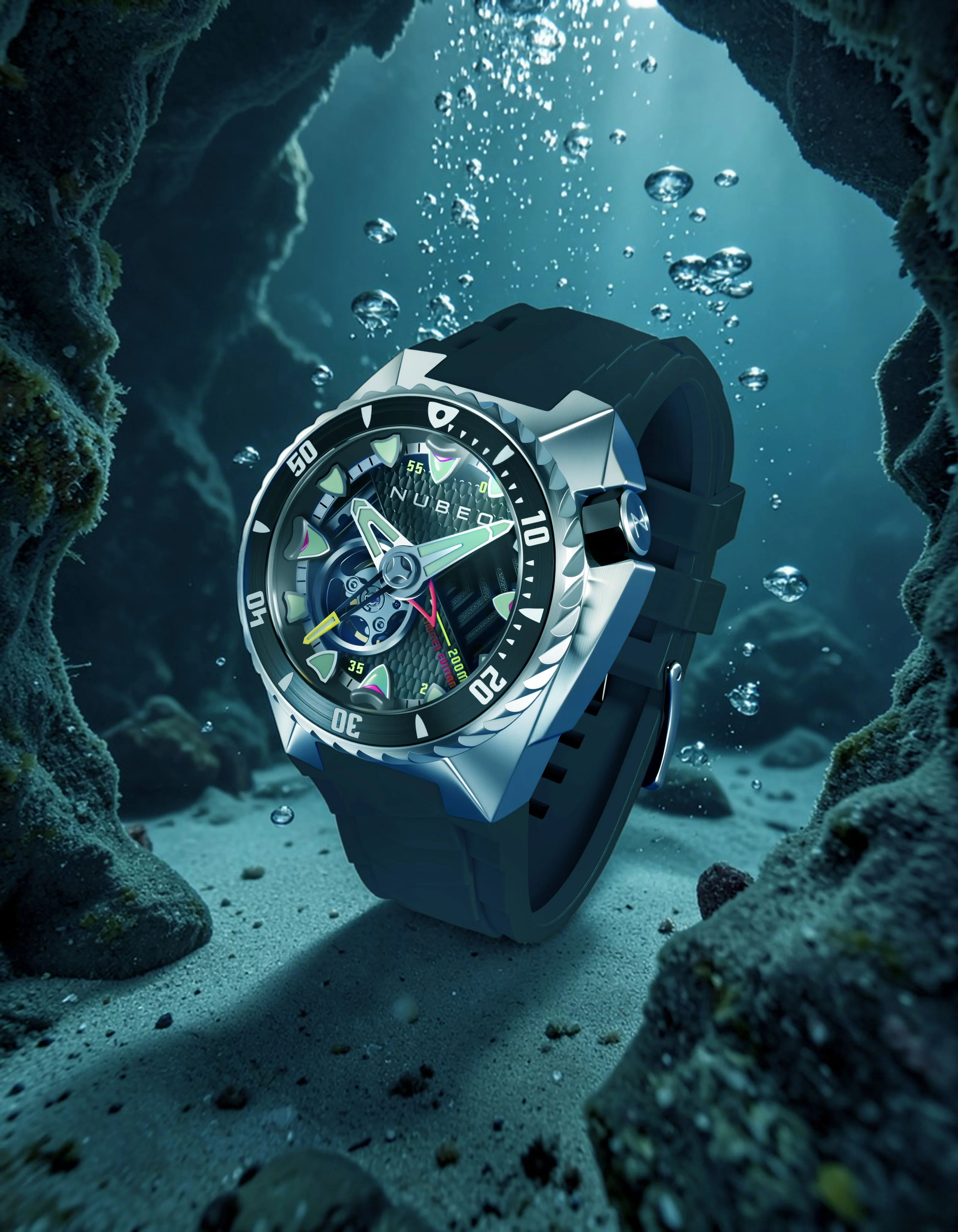 Nubeo Men's 44mm Megalodon Automatic Limited Edition Open Heart Rubber Strap Watch - Image 7