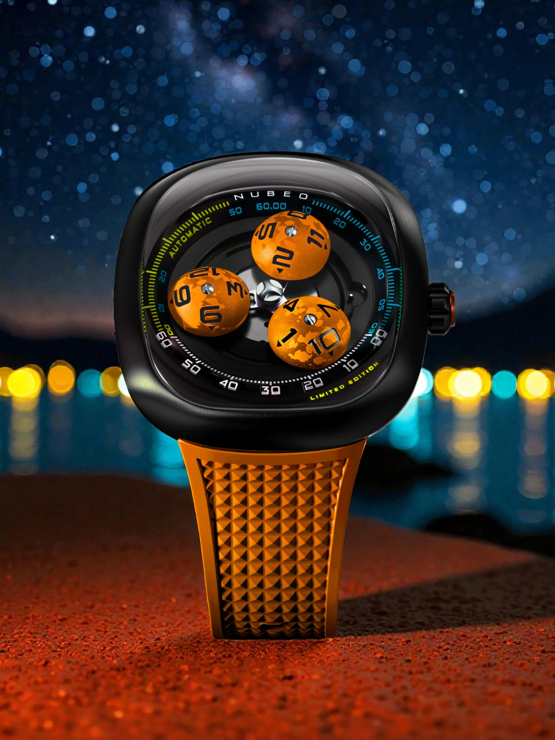 Nubeo Men's 46mm Tri-Star Orbit Automatic Limited Edition Oval Rubber Strap Watch - Image 12