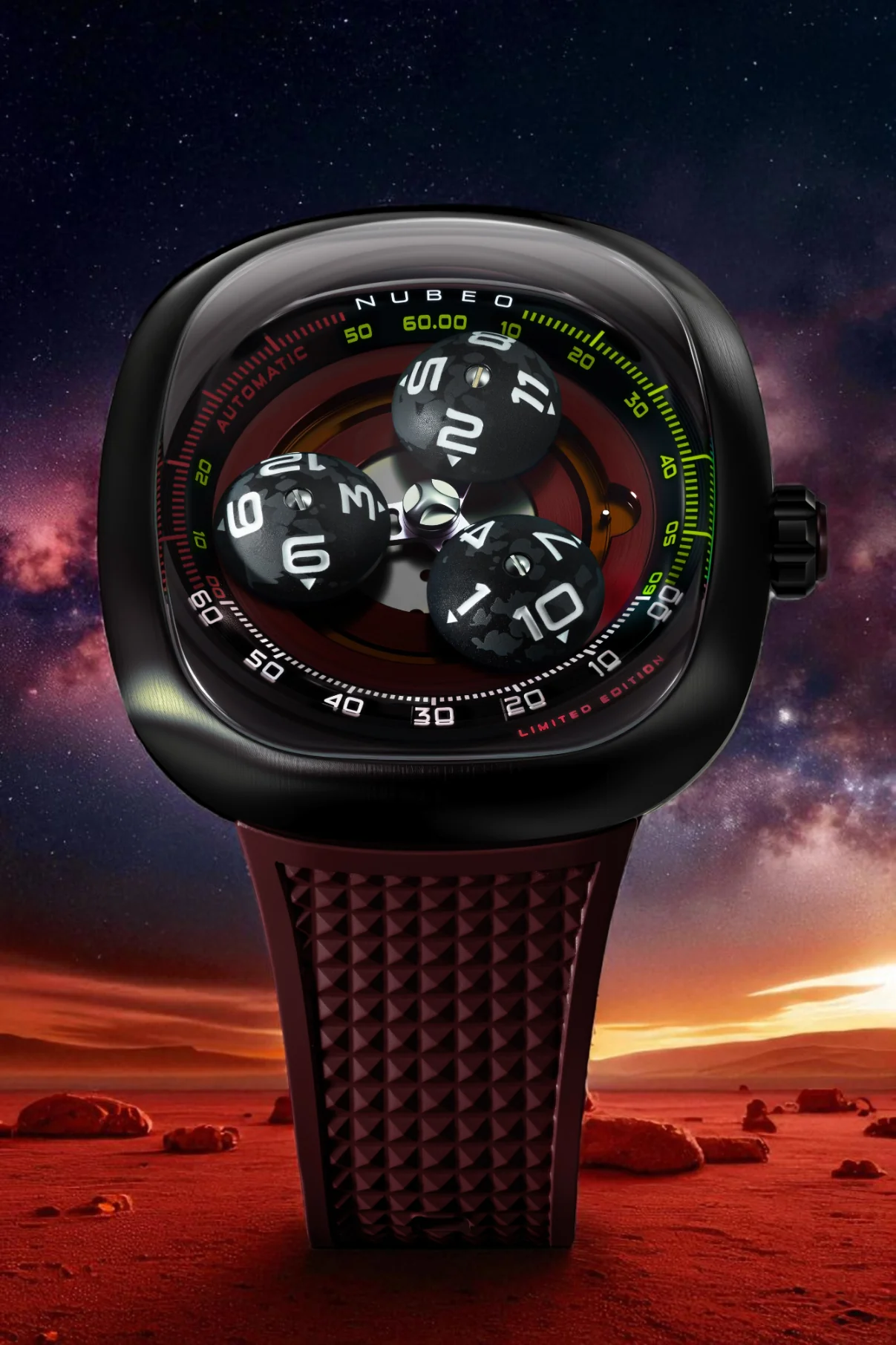 Nubeo Men's 46mm Tri-Star Orbit Automatic Limited Edition Oval Rubber Strap Watch - Image 17
