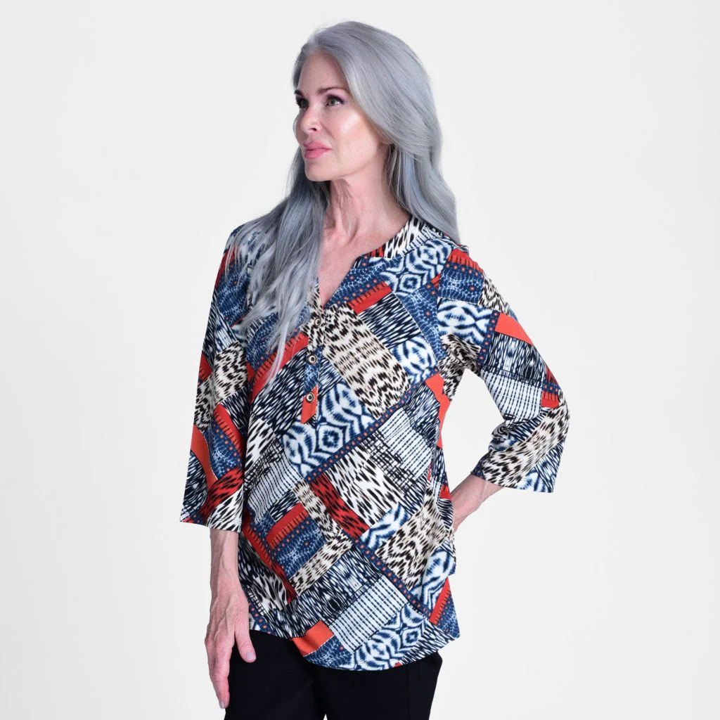 Christopher & Banks Patchwork Bell Sleeve Y Neck Tunic - Image 4