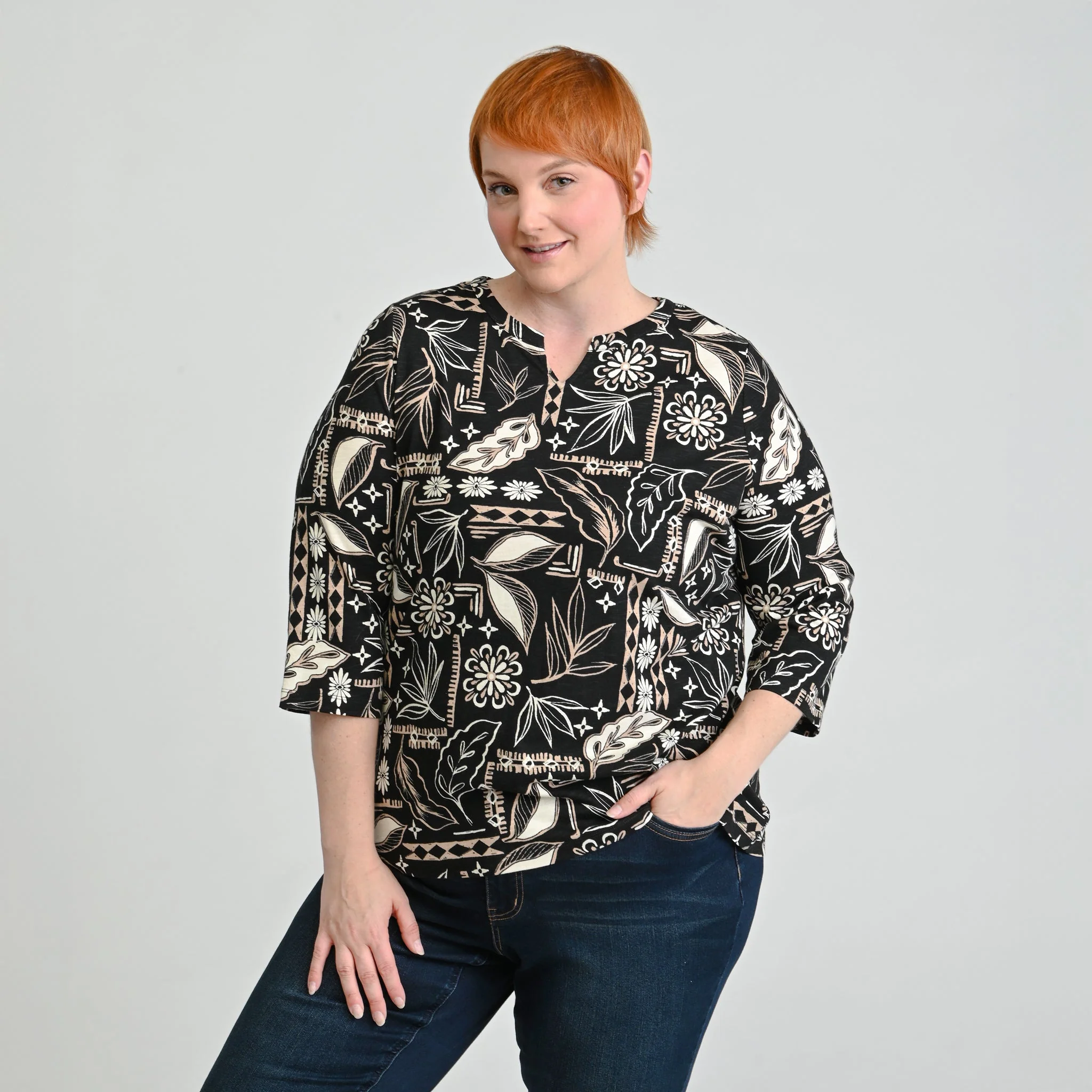 Christopher & Banks Patchwork Print Notch Neck 3/4 Sleeve Tee - Image 2
