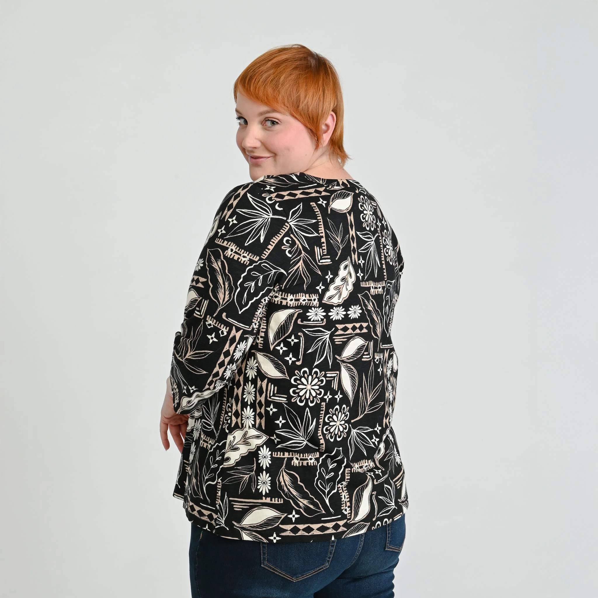 Christopher & Banks Patchwork Print Notch Neck 3/4 Sleeve Tee - Image 3