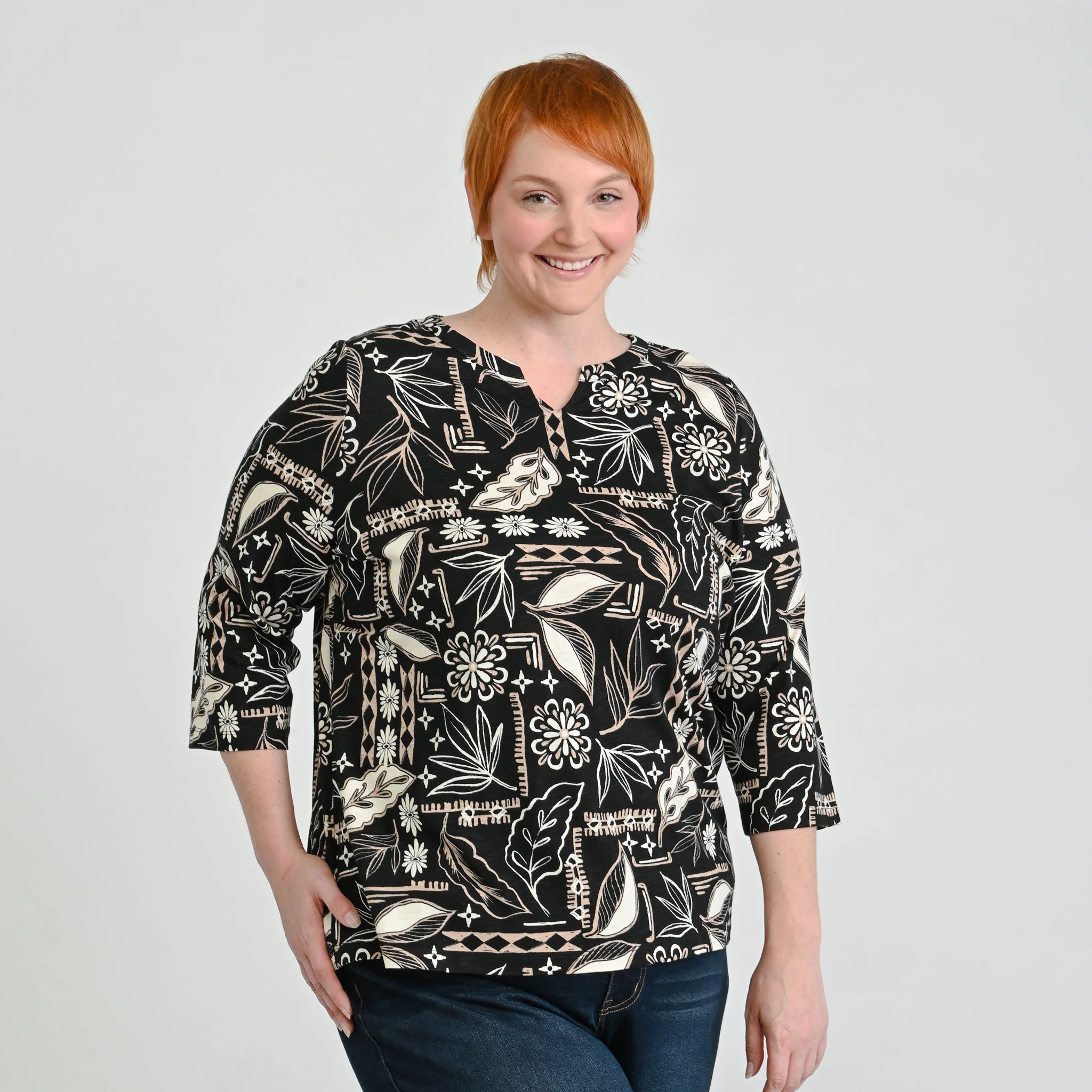 Christopher & Banks Patchwork Print Notch Neck 3/4 Sleeve Tee - Image 4