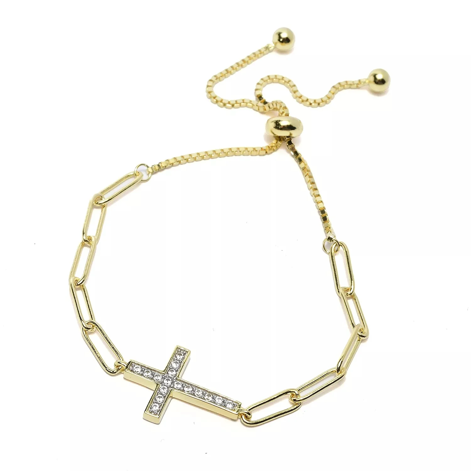 Pinctore 18K Gold Plated White Zircon Symbol Paperclip Adjustable Bolo Bracelet - Image 3
