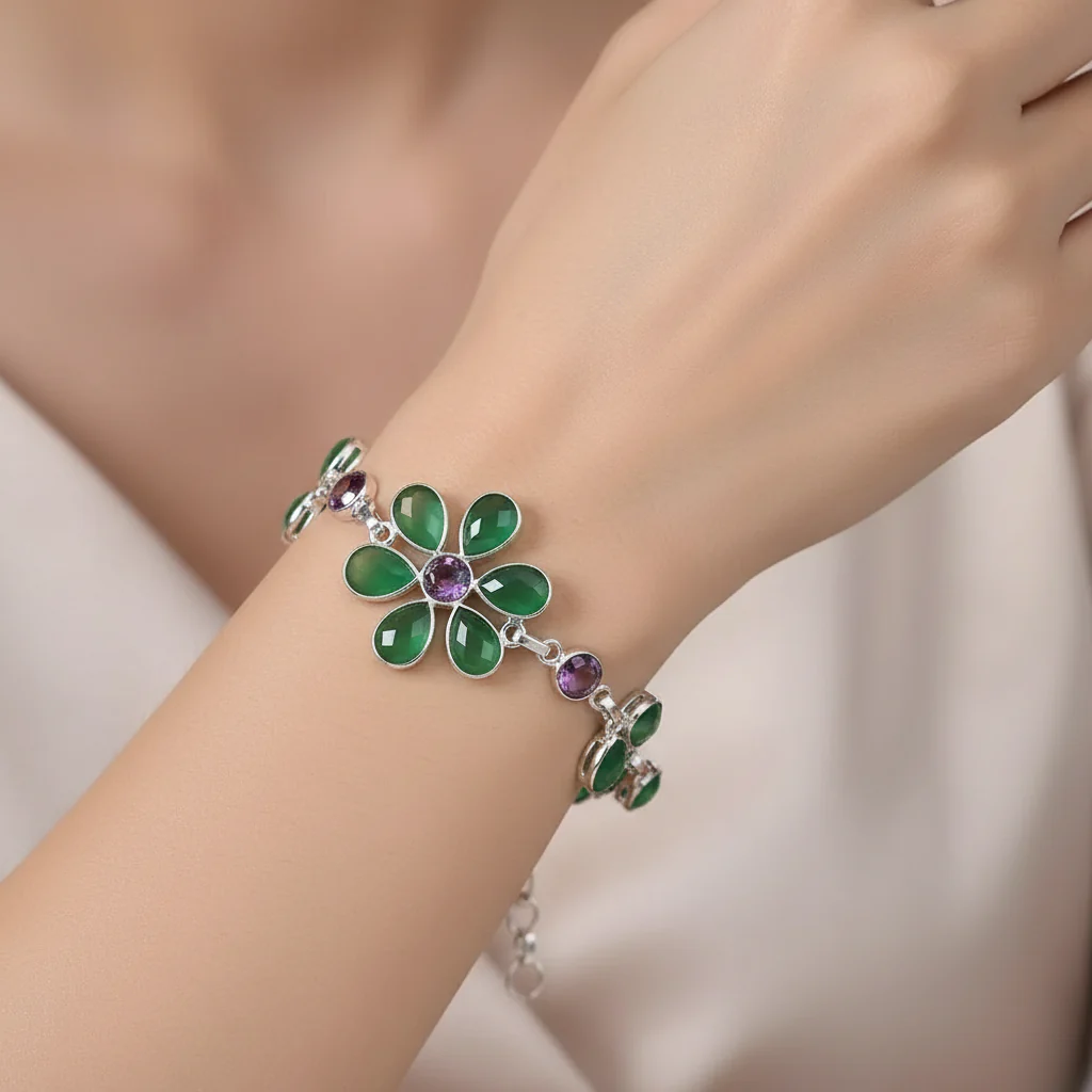 Pinctore Sterling Silver Multi-Gemstone Floral Line Bracelet - Image 2