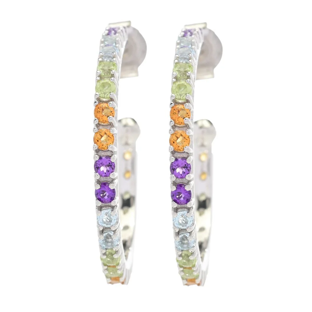 Platinum Plated Polished Choice of Gemstone 1" Hoop Earrings - Image 4