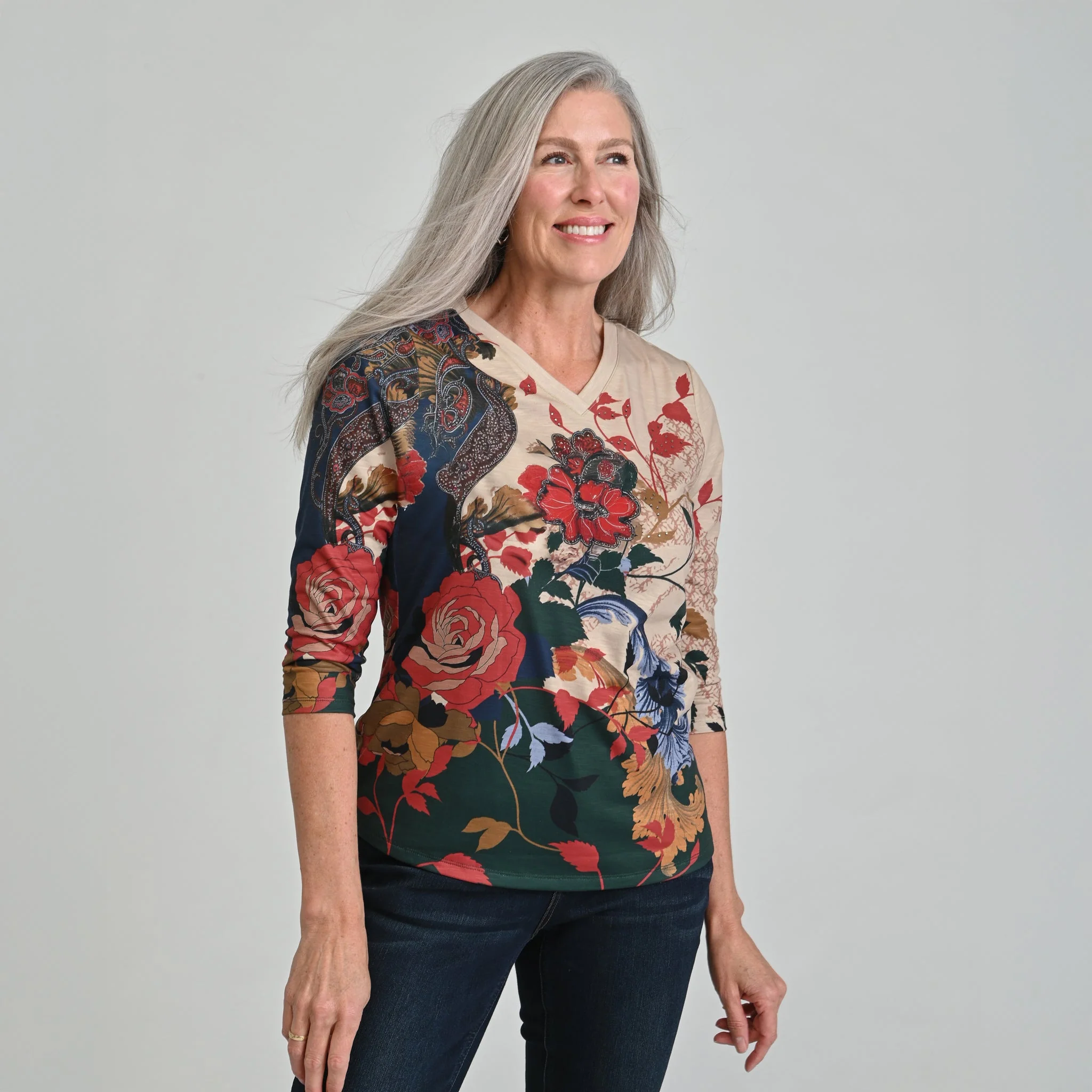 Christopher & Banks Printed 3/4 Sleeve V Neck Top - Image 2