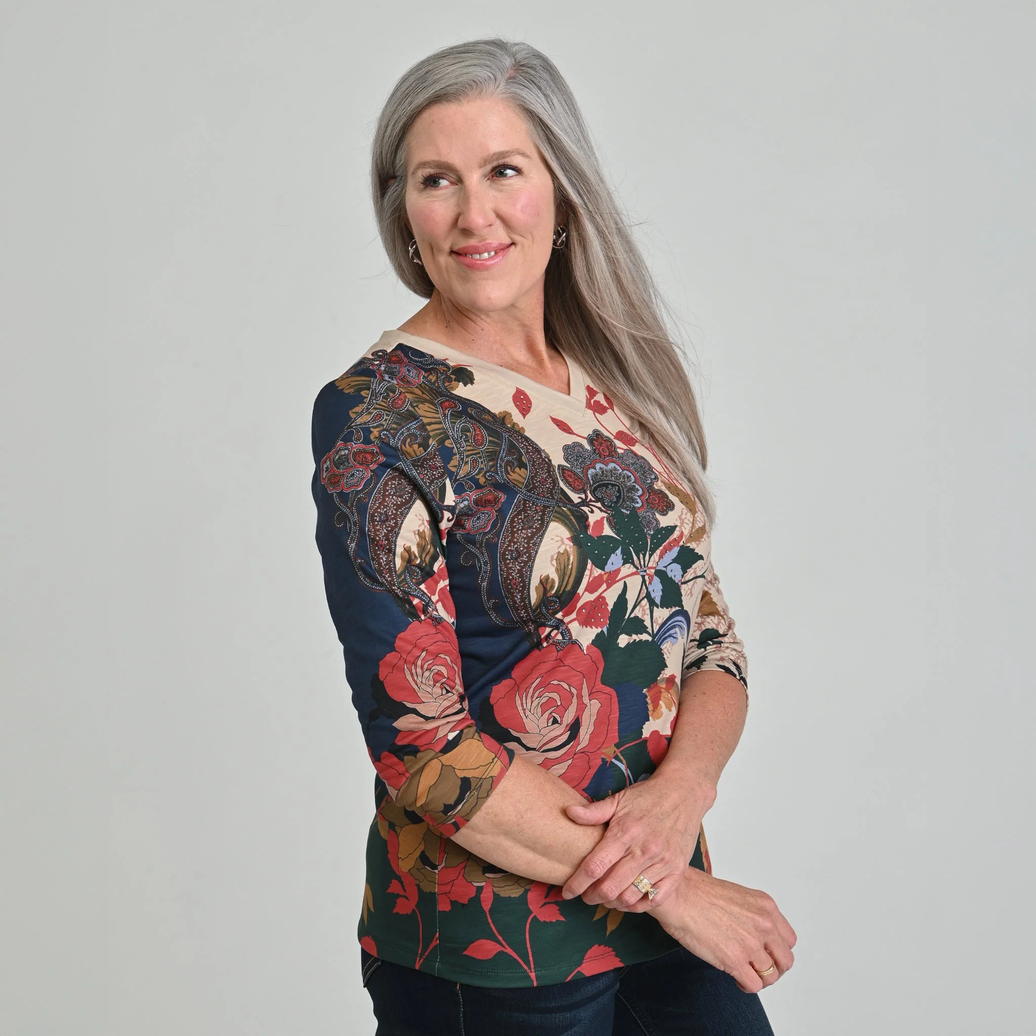 Christopher & Banks Printed 3/4 Sleeve V Neck Top - Image 4