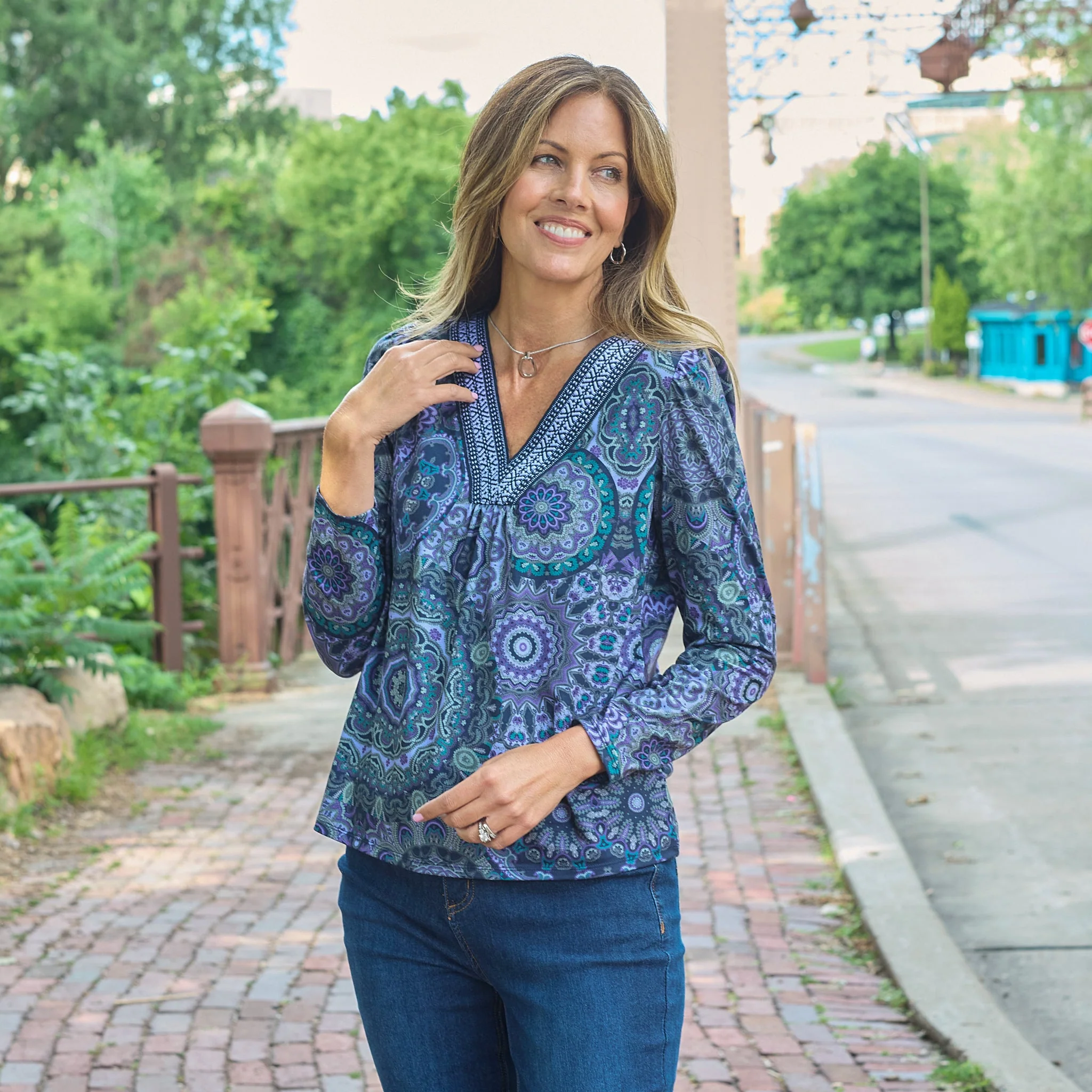 Christopher & Banks Printed Braid Trim V Neck Top - Image 2